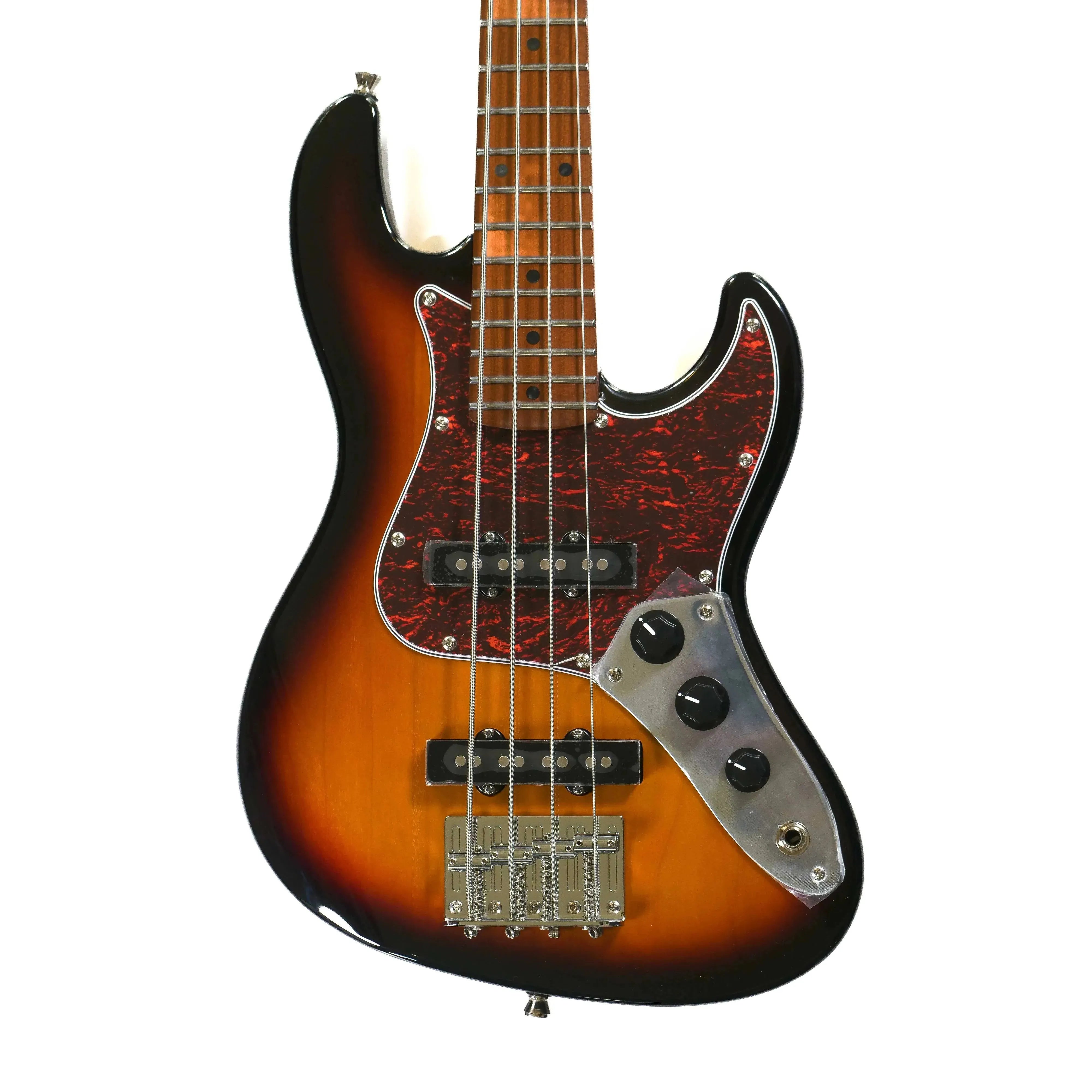 Flight JB SB Sunburst Electric Mini Bass with roasted poplar body, red tortoise pickguard, and chrome hardware.