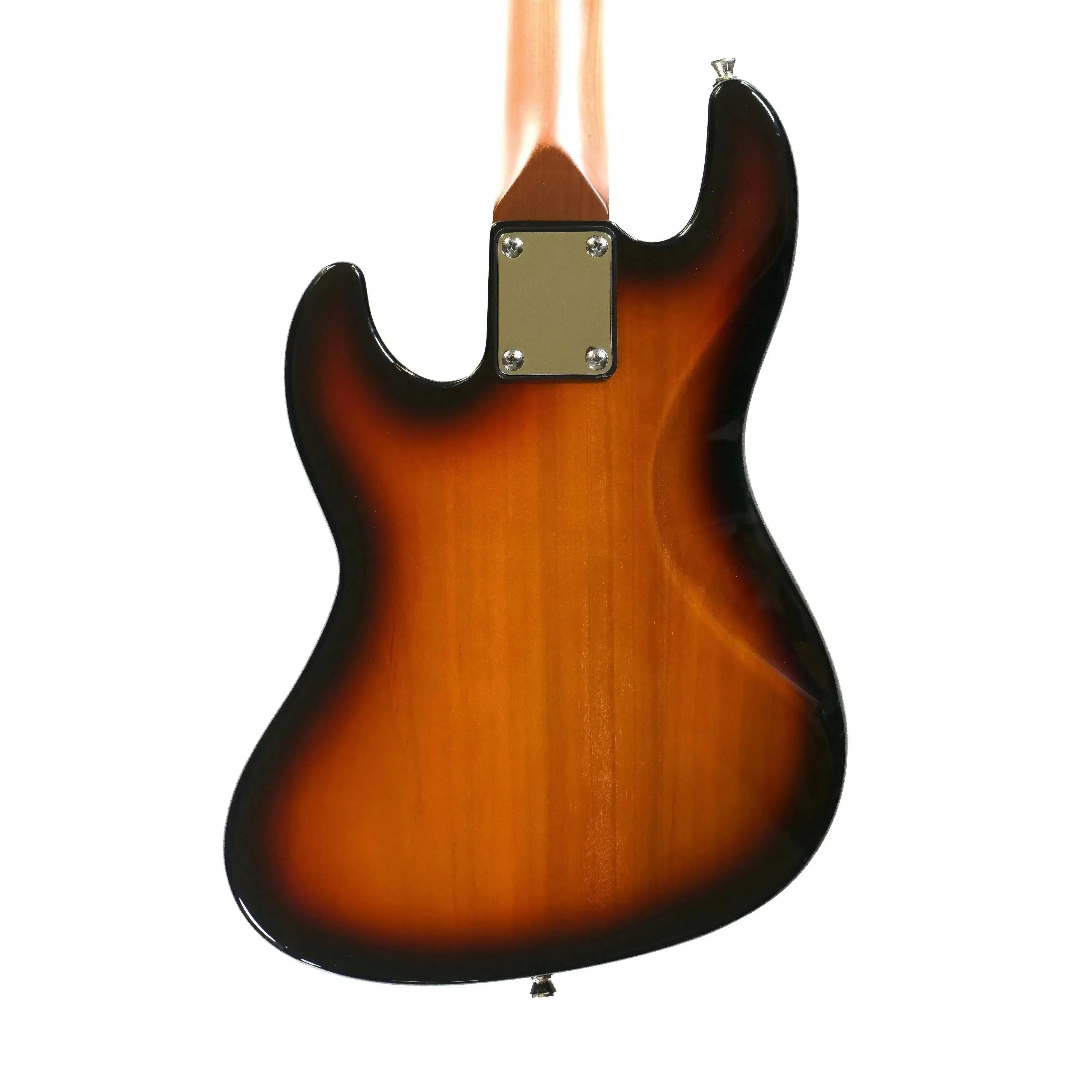 Back of a Flight JB SB Sunburst Electric Mini Bass with roasted poplar body and maple neck.