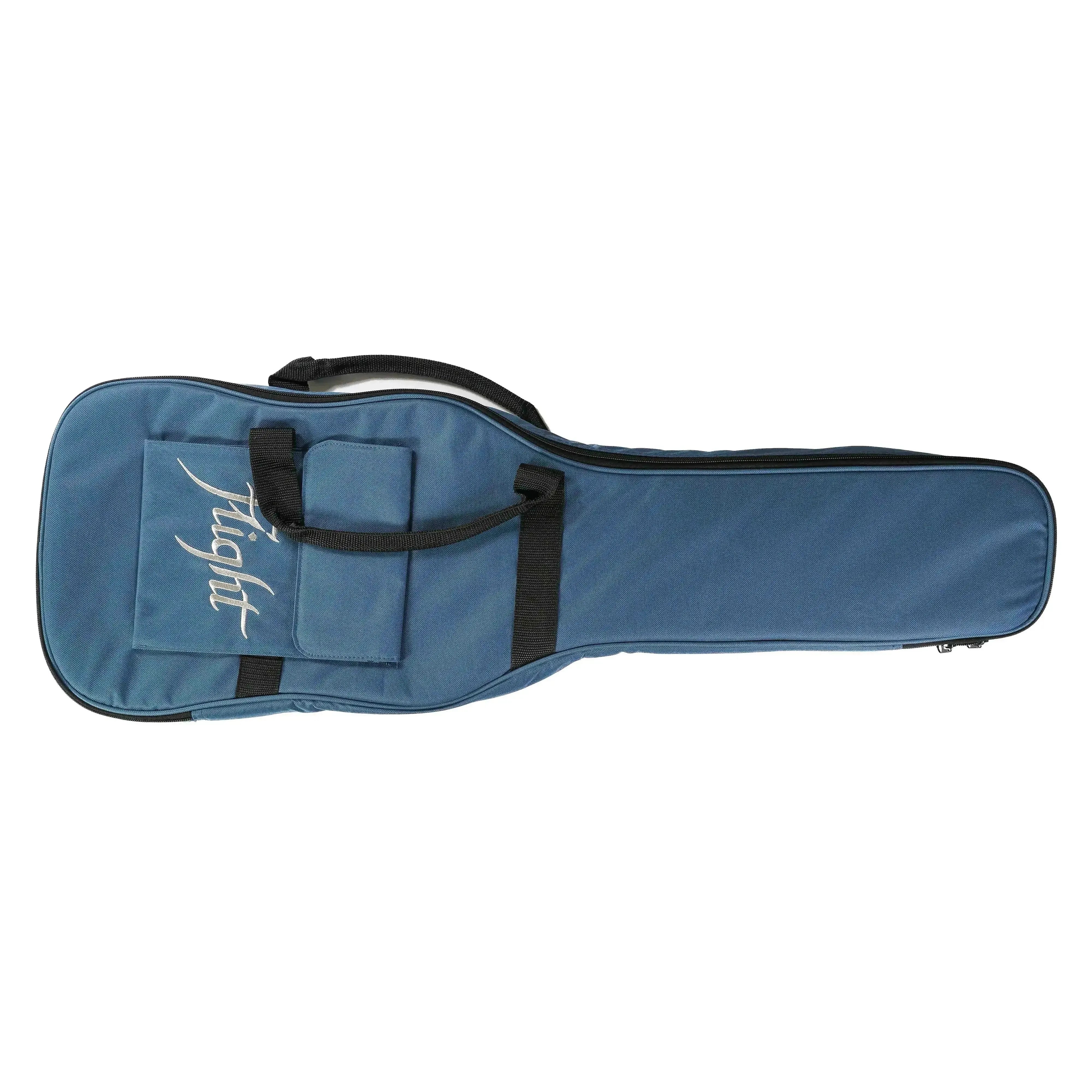 Flight blue padded gig bag for mini bass, with black straps and logo.