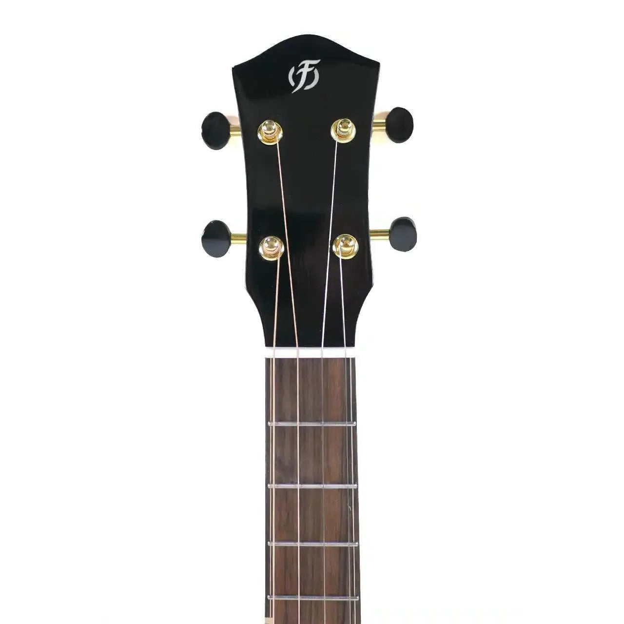 Flight Lily EQ-A Baritone Ukulele headstock with black finish, gold tuners, and rosewood fretboard.