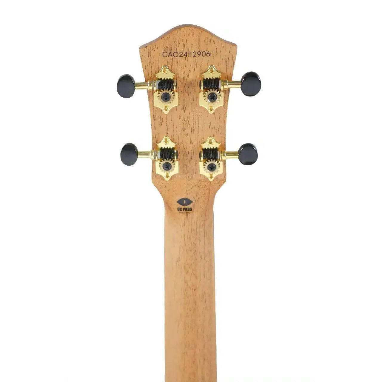 Back of Flight Lily EQ-A Baritone Ukulele headstock with gold tuners and light wood finish.