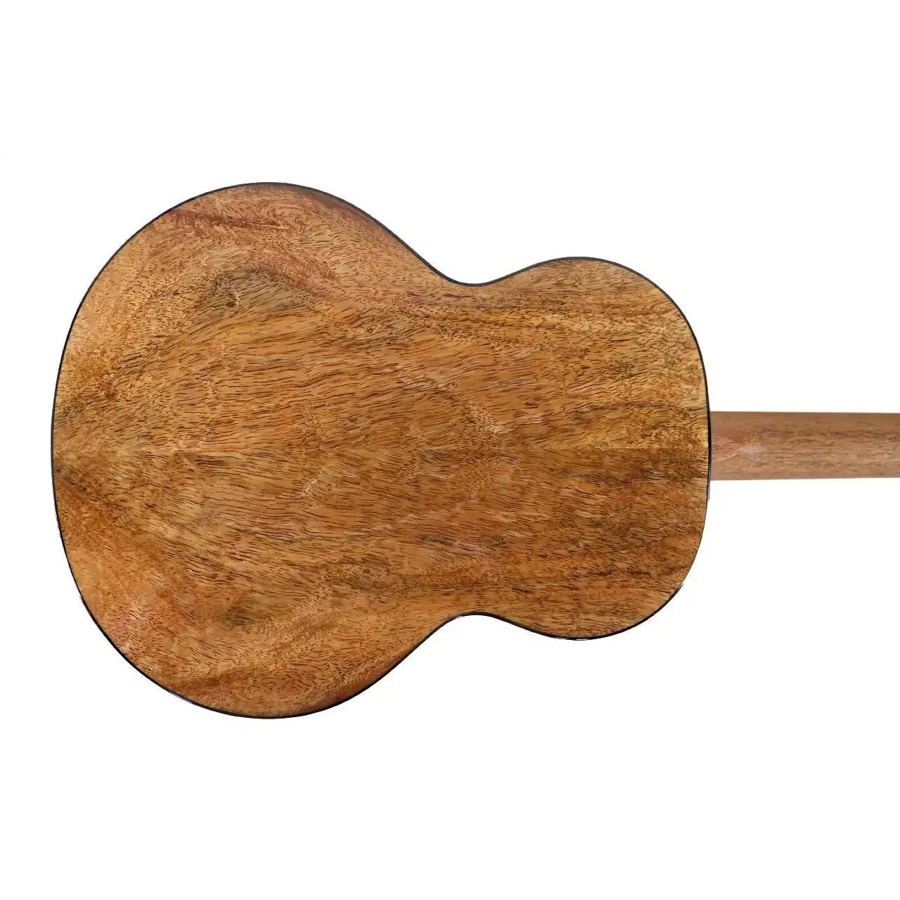Flight Lily EQ-A Baritone Ukulele, back view, showing natural mango laminate wood grain.