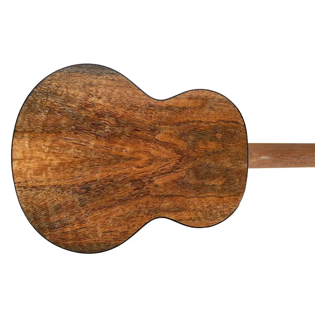 Back of a Flight Lily EQ-A Baritone Ukulele, showing its rich, dark brown mango laminate wood grain.
