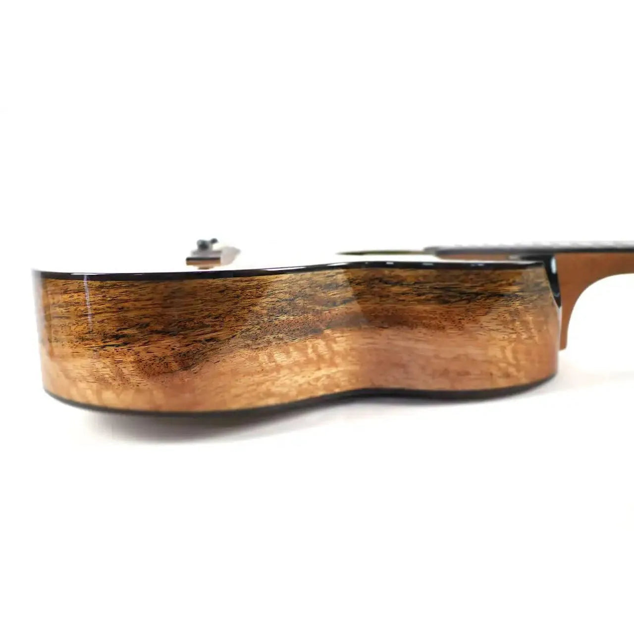 Flight Lily EQ-A Baritone Ukulele, side view, showing glossy mango laminate back and sides.