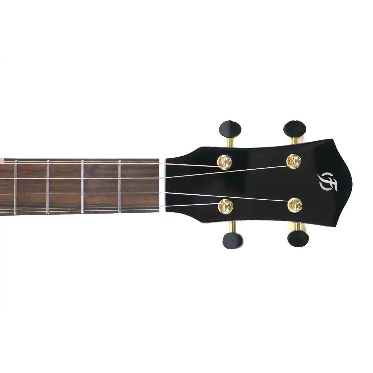 Flight Lily EQ-A Baritone Ukulele headstock with black finish, gold tuners, and rosewood fretboard.