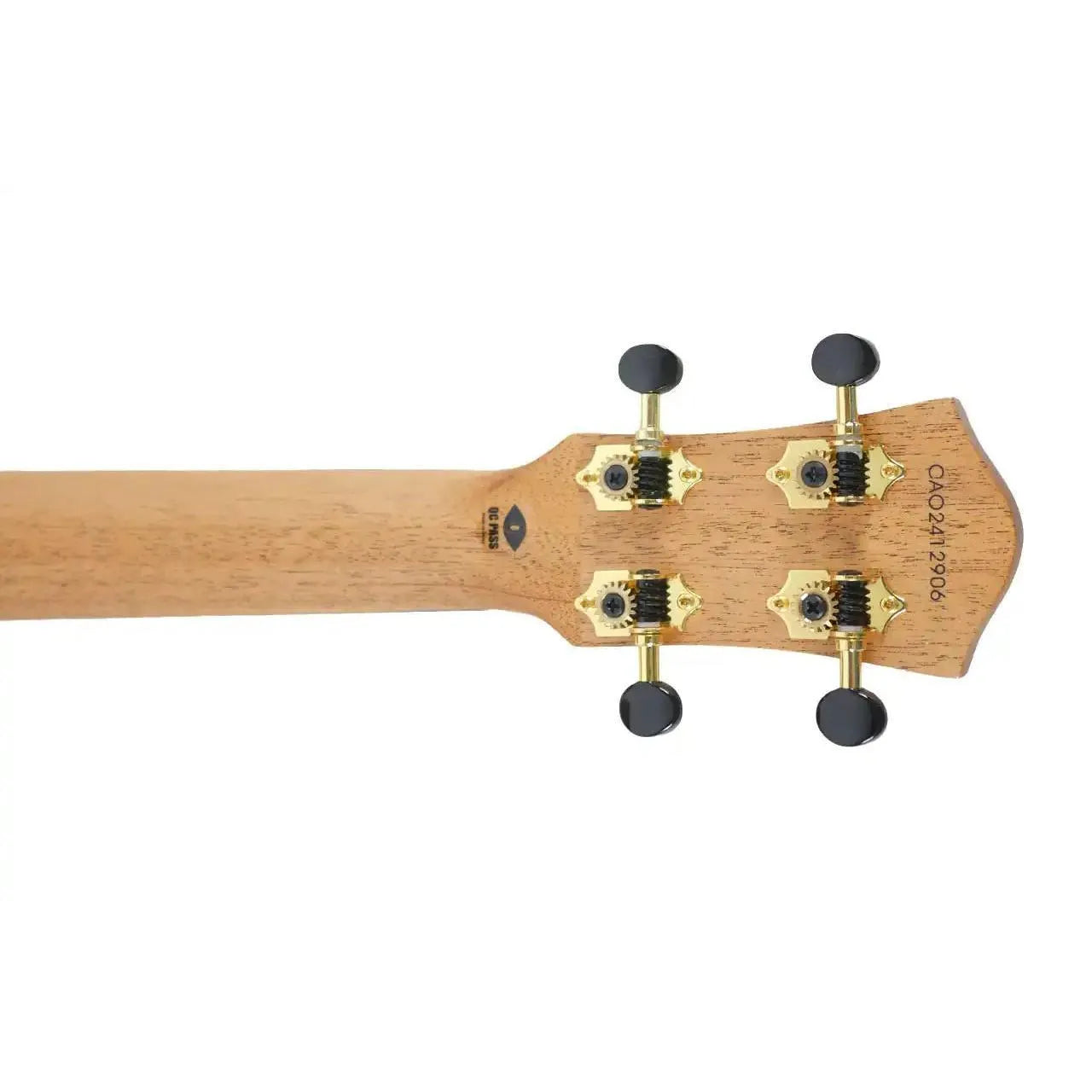 Flight Lily EQ-A Baritone Ukulele headstock with gold tuners and black buttons on a light wood finish.