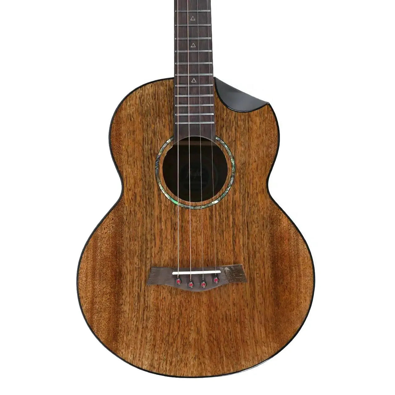 Flight Maia EQ-A Baritone Ukulele with solid mango top, rosewood fretboard, pearloid rosette, and black binding.