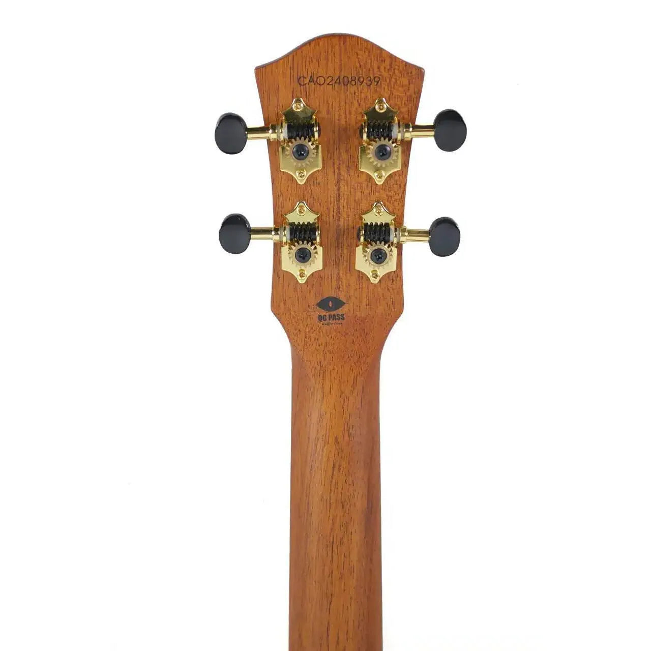 Back of Flight Maia EQ-A Baritone Ukulele headstock with gold tuners and mahogany neck.