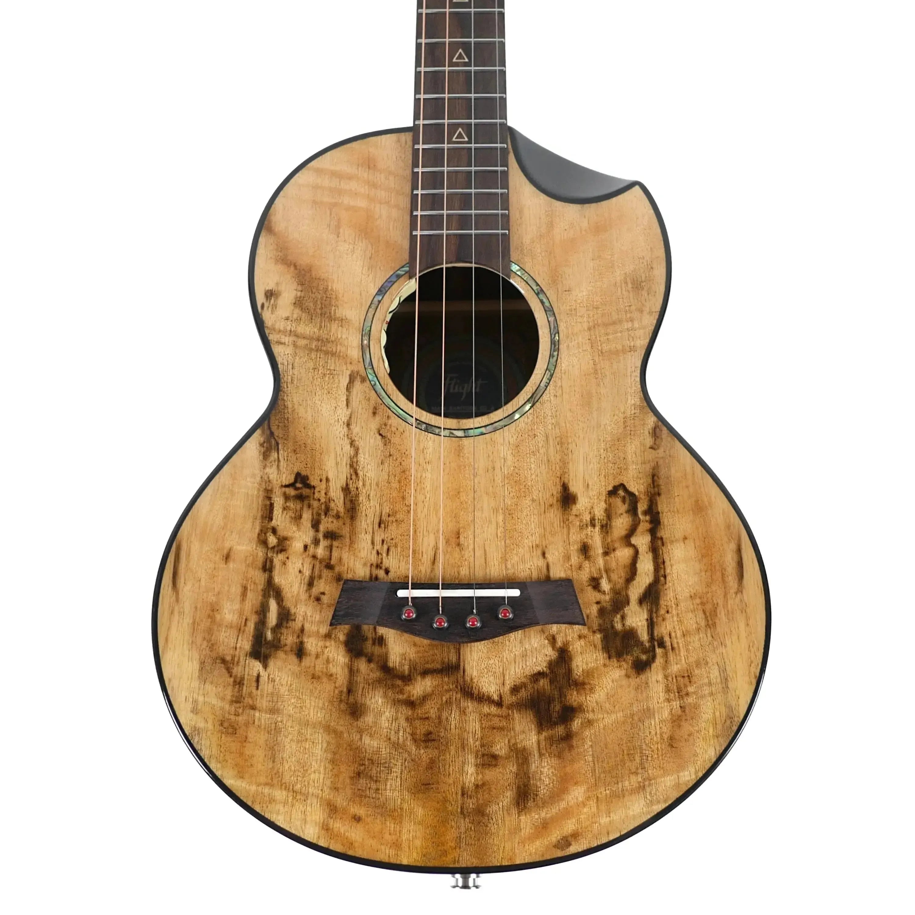 Flight Maia EQ-A Baritone Ukulele with solid mango top, dark wood grain, and black cutaway.