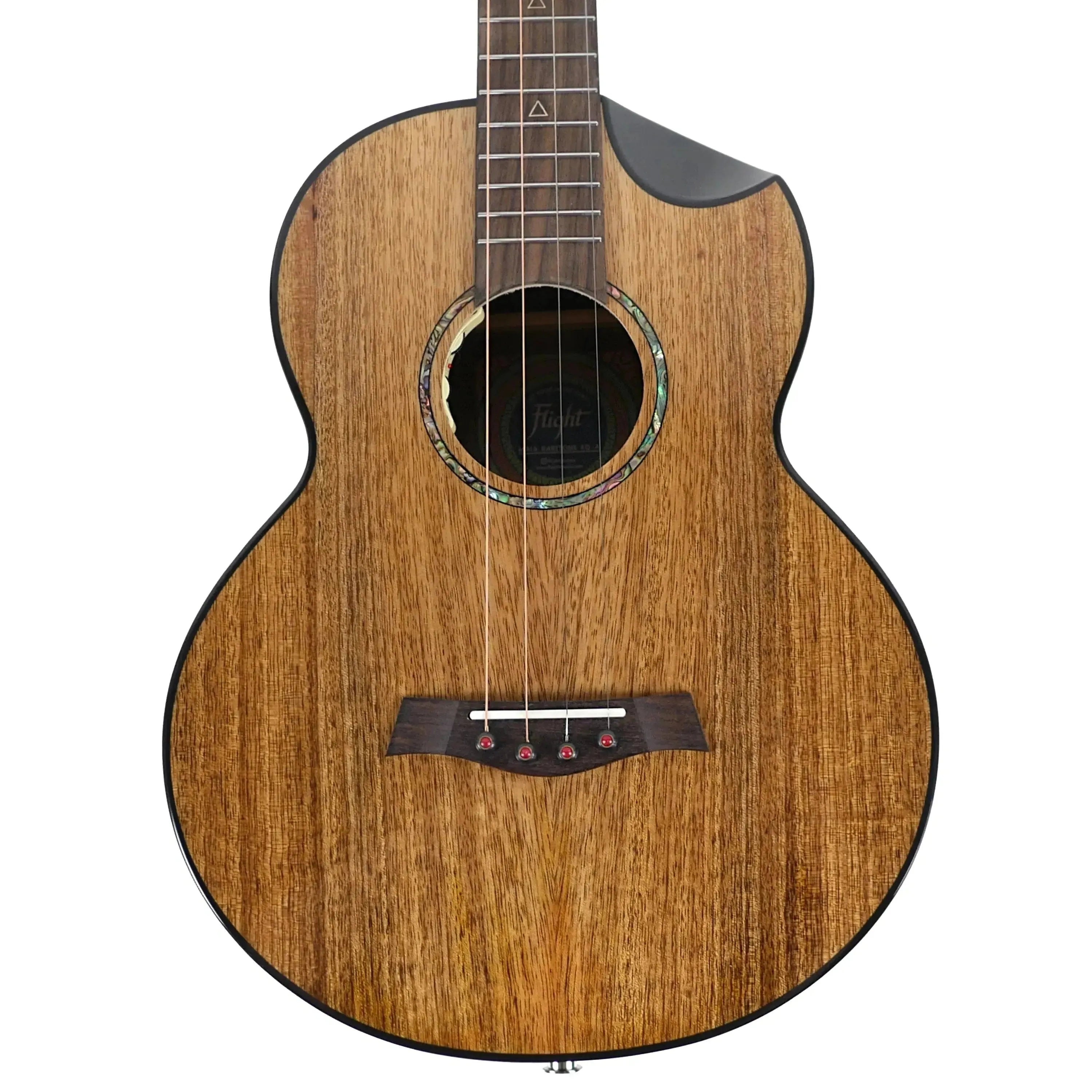 Flight Maia EQ-A Baritone Ukulele with solid mango top, rosewood bridge, and abalone rosette.