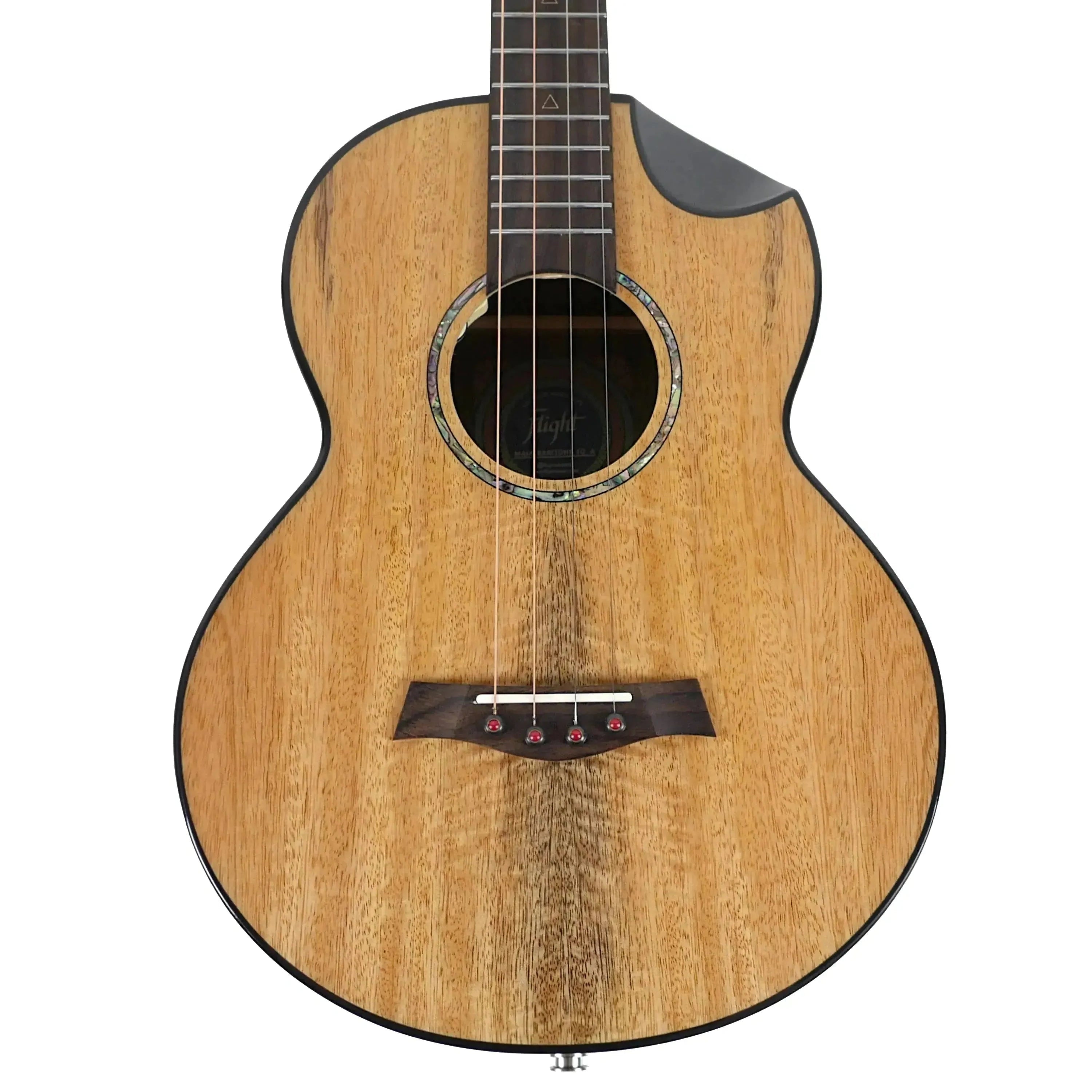 Flight Maia EQ-A baritone ukulele with solid mango top, rosewood bridge, and abalone rosette.