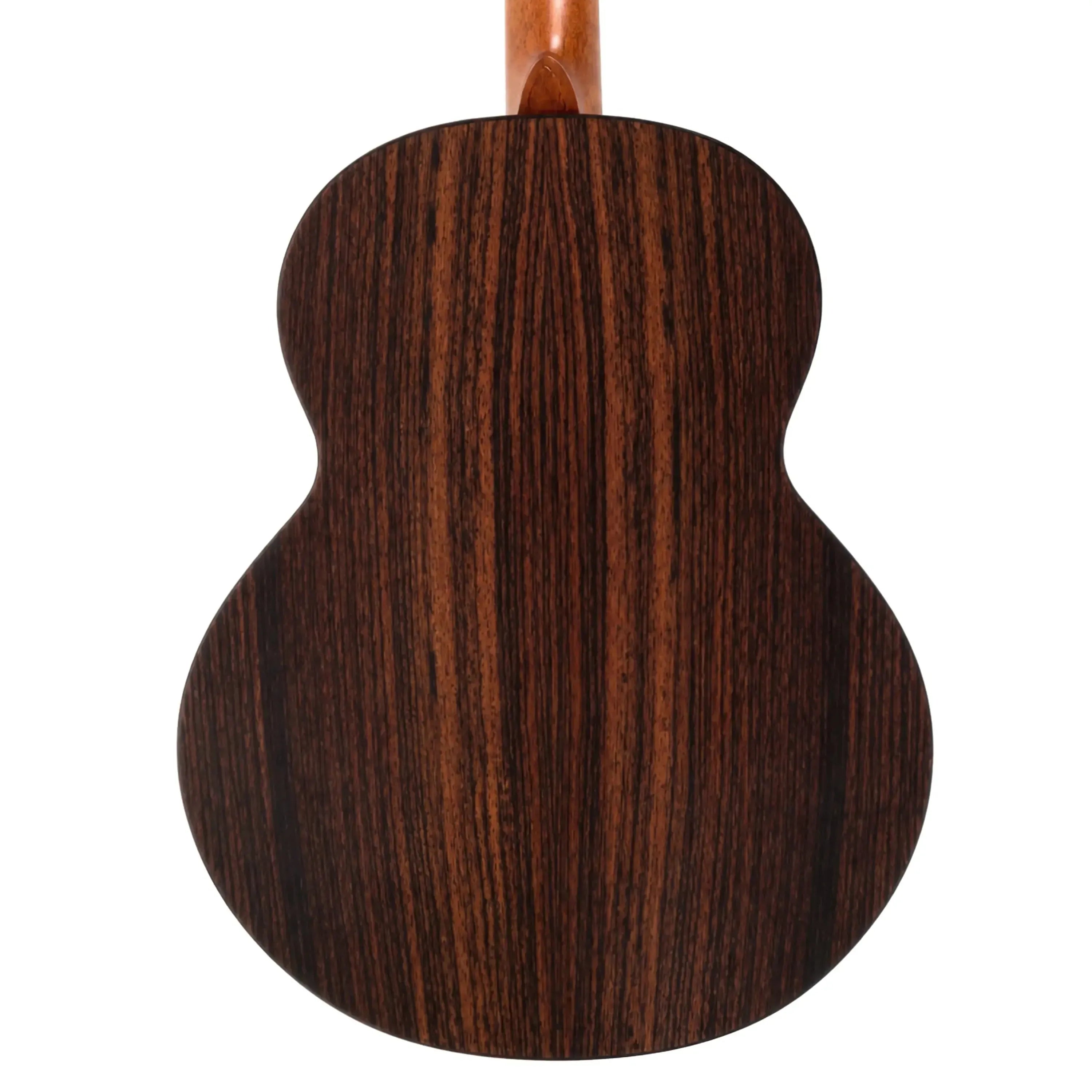 Back of Flight Maia EQ-A Baritone Ukulele, dark rosewood with distinct grain, light mahogany neck.