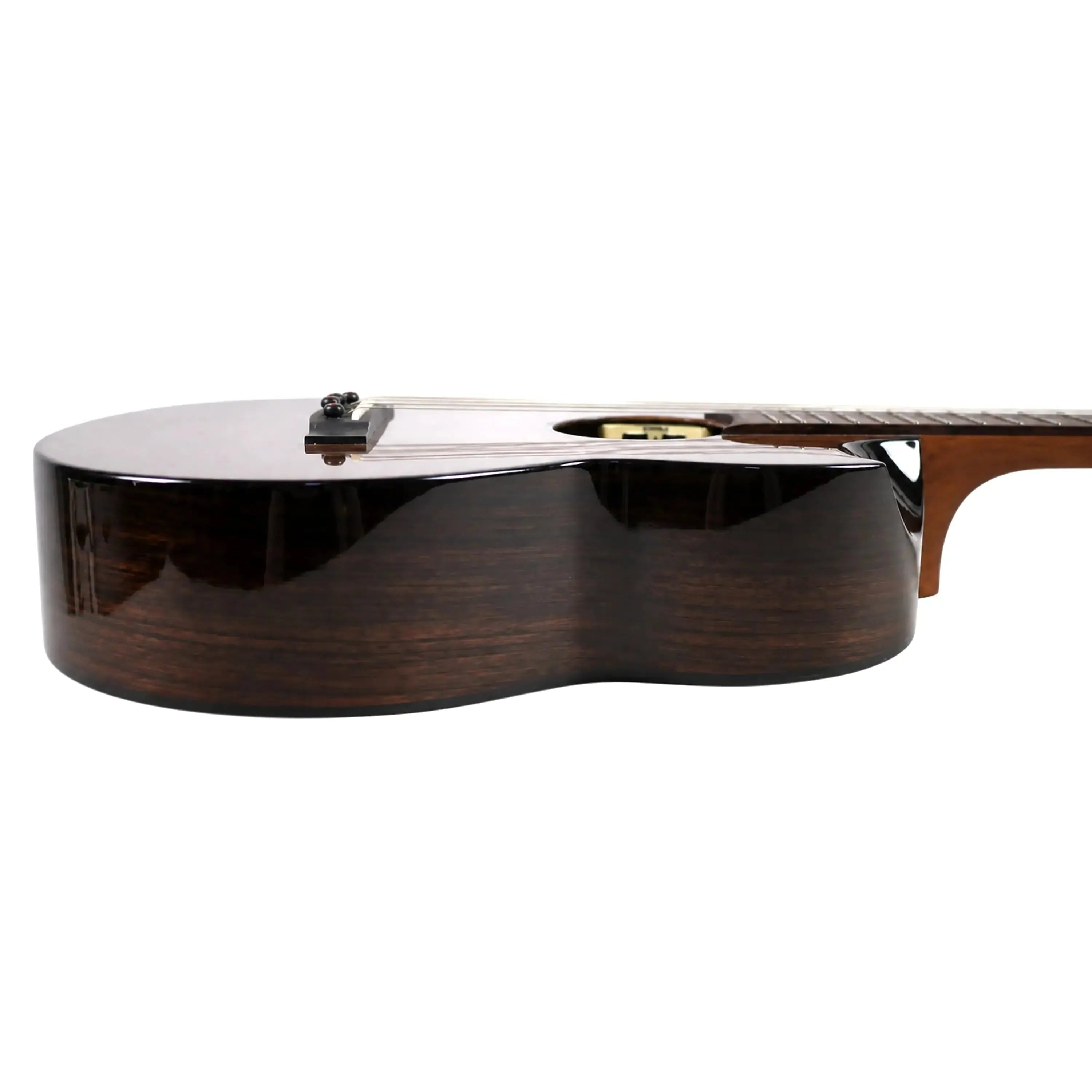 Flight Maia EQ-A baritone ukulele side view, showing dark rosewood back and sides with a gloss finish.
