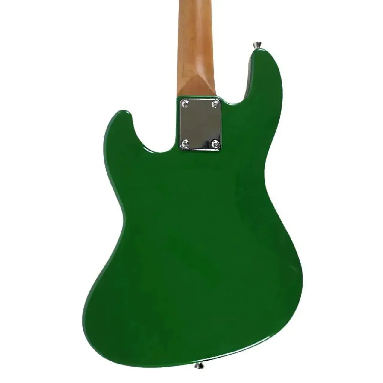 Back of a Flight MINI JB BRG British Racing Green electric mini bass with a roasted maple neck.