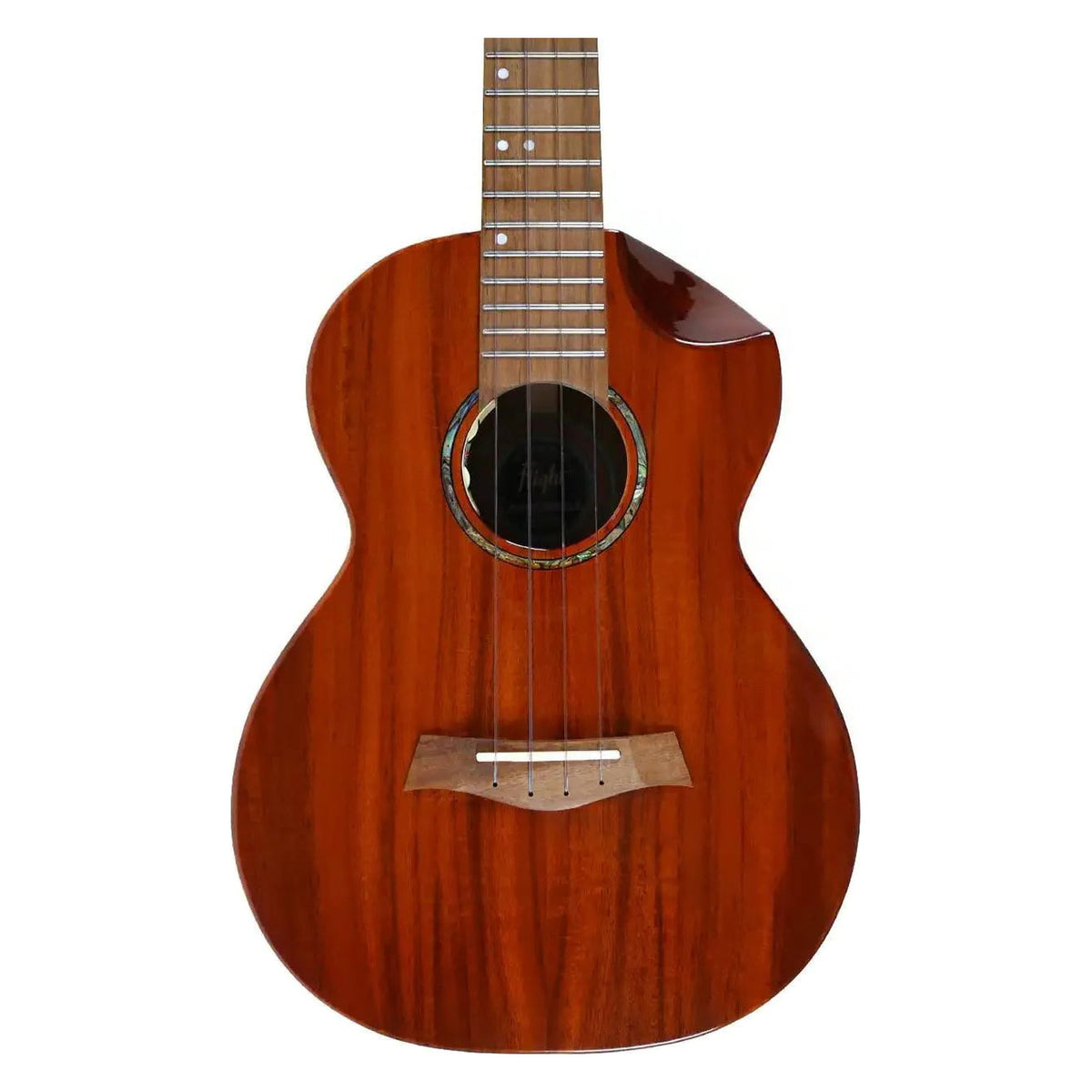 Flight Mustang EQ-A Tenor Ukulele with solid acacia body, glossy finish, abalone rosette, and cutaway.