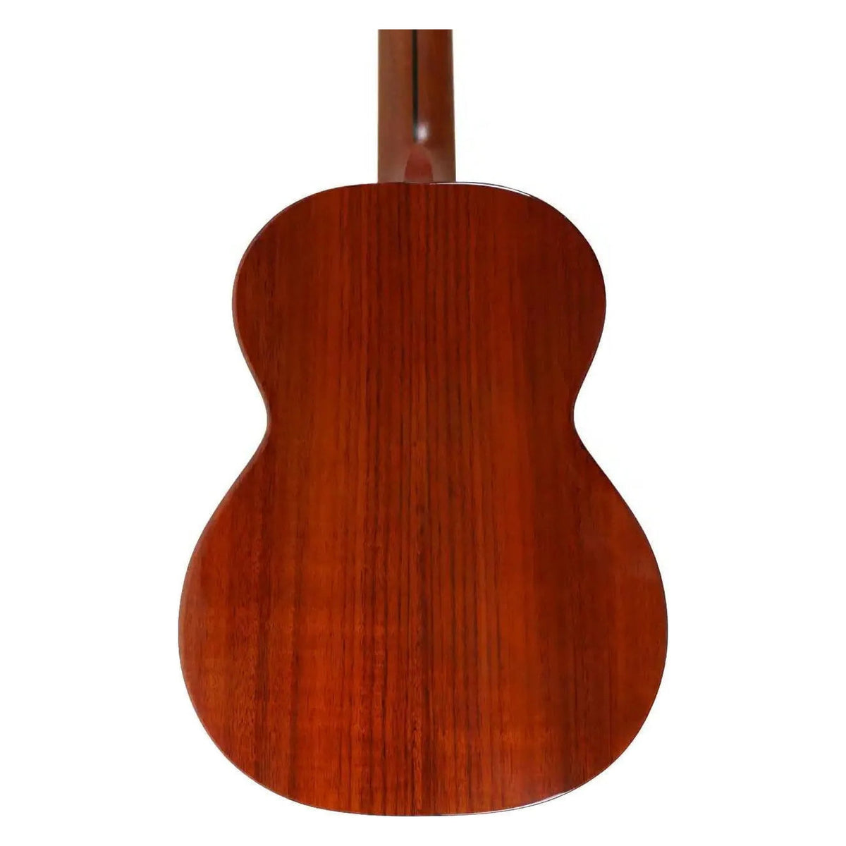 Back of a Flight Mustang EQ-A Tenor Ukulele, showcasing its warm brown solid acacia wood grain.