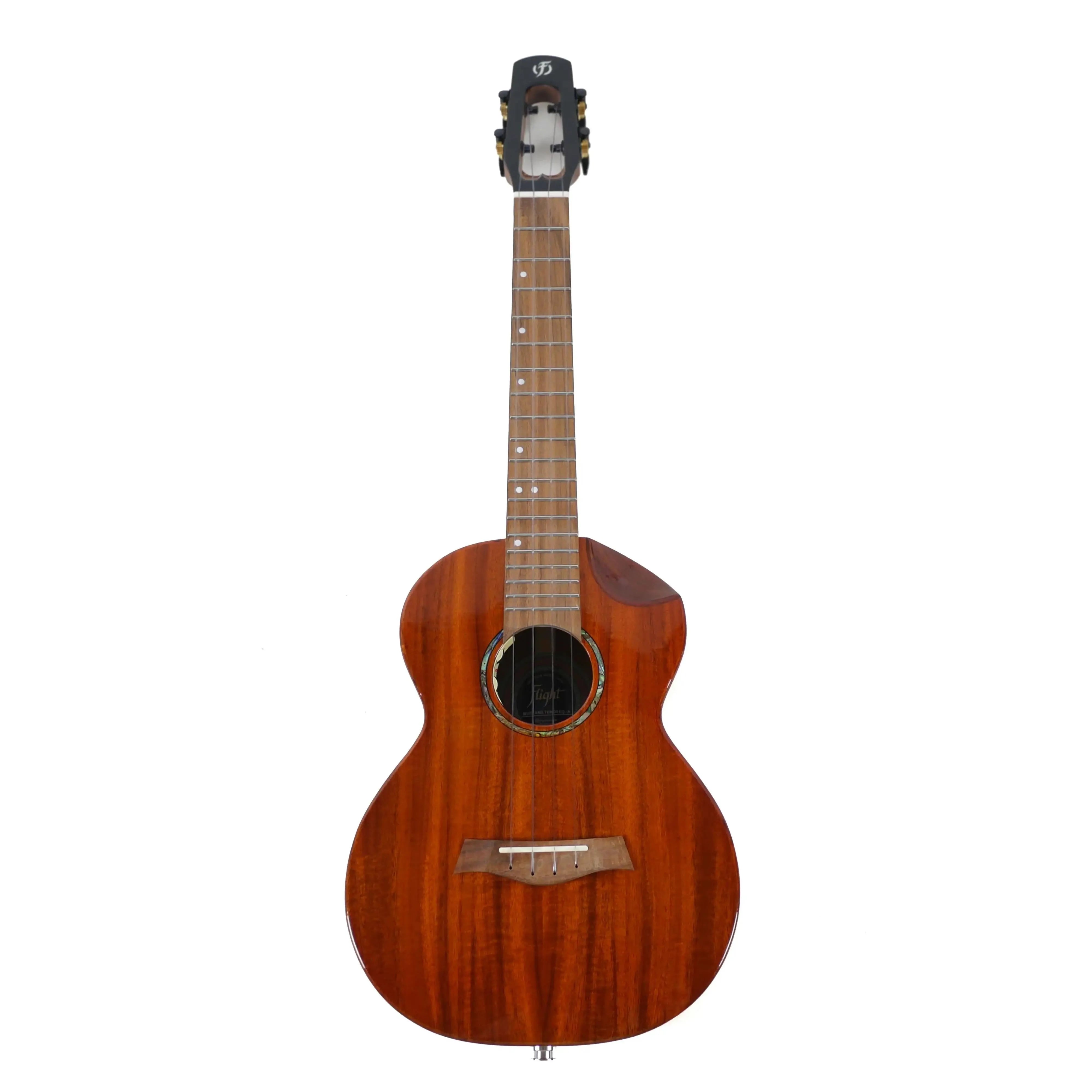 Flight Mustang EQ-A Solid Acacia Tenor Ukulele with glossy finish, dark headstock, and light wood fretboard.
