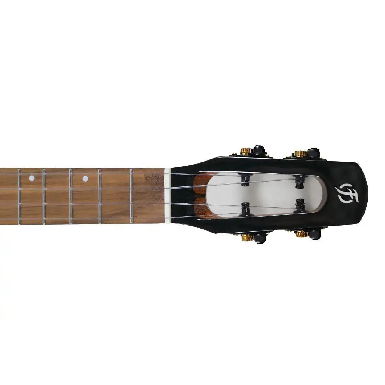 Flight Mustang EQ-A Tenor Ukulele headstock with black finish, gold tuners, and acacia fingerboard.