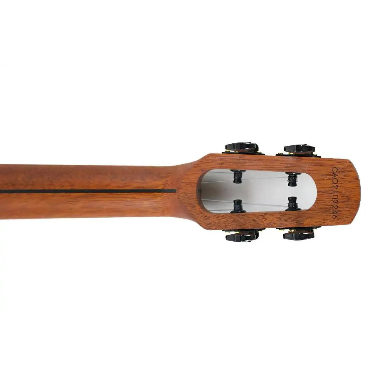 Flight Mustang EQ-A Tenor Ukulele headstock and neck, showcasing solid acacia wood and black tuners.