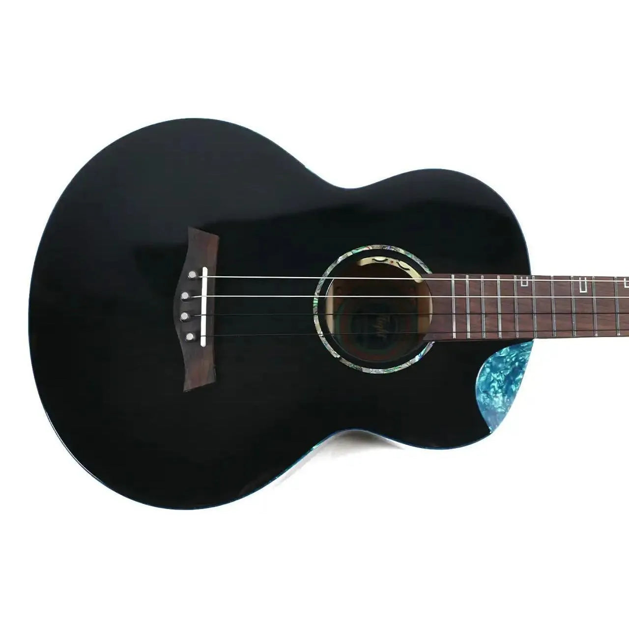 Flight Nighthawk EQ-A Baritone Ukulele with black solid spruce top, white shell rosette, and blue binding.