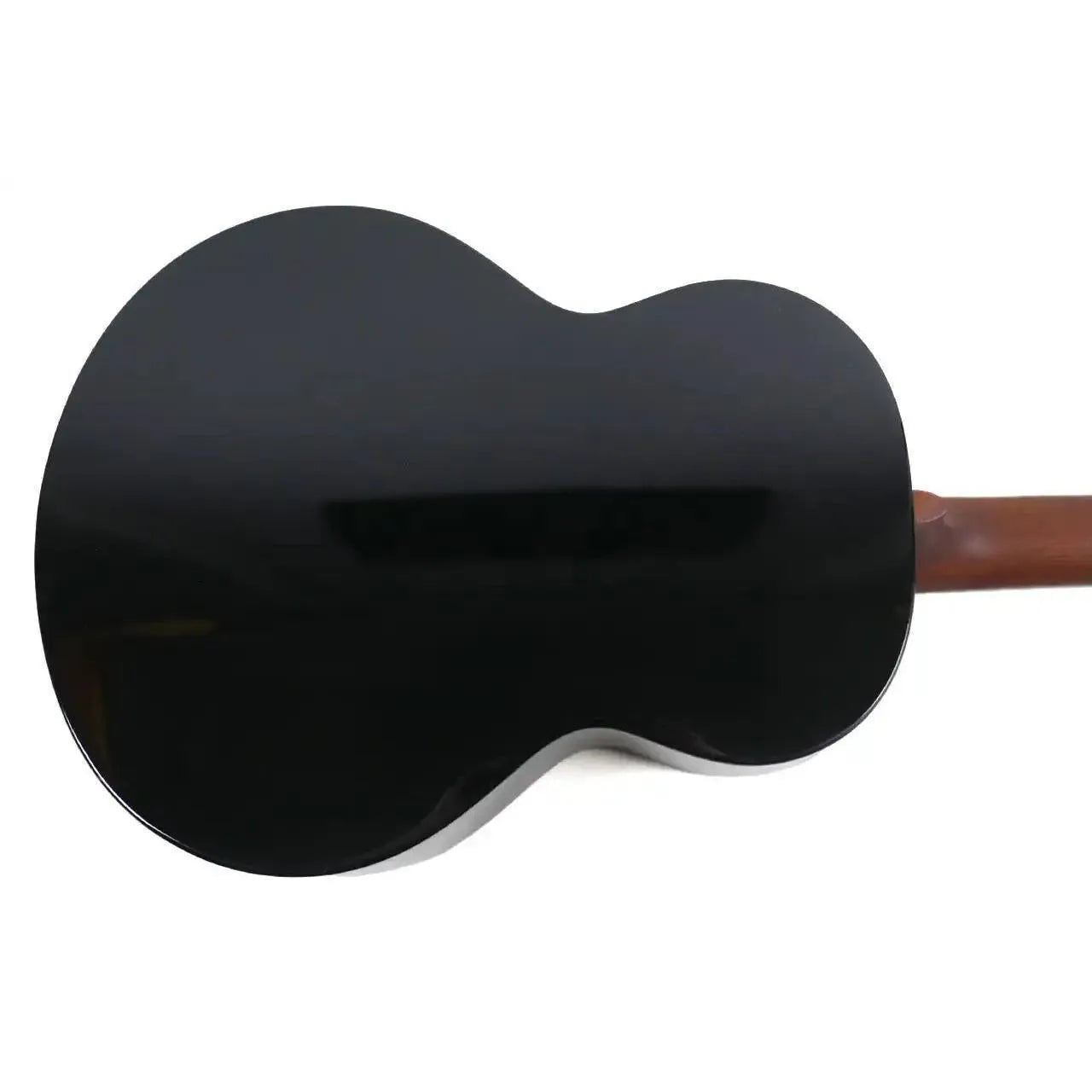 Back of a black Flight Nighthawk EQ-A Baritone Ukulele with a dark brown mahogany neck.