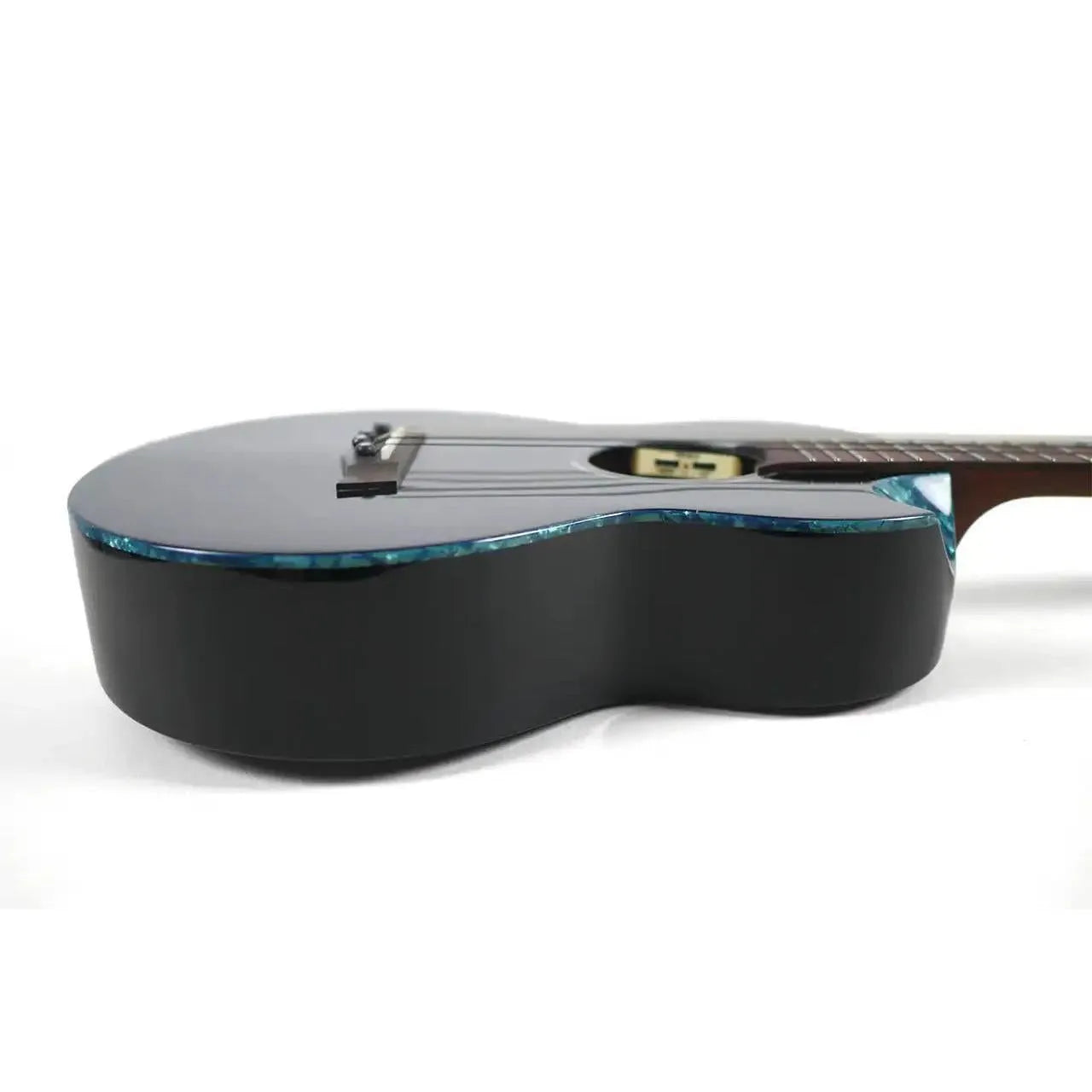 Flight Nighthawk EQ-A Baritone Ukulele, side view, showing black body with blue binding.