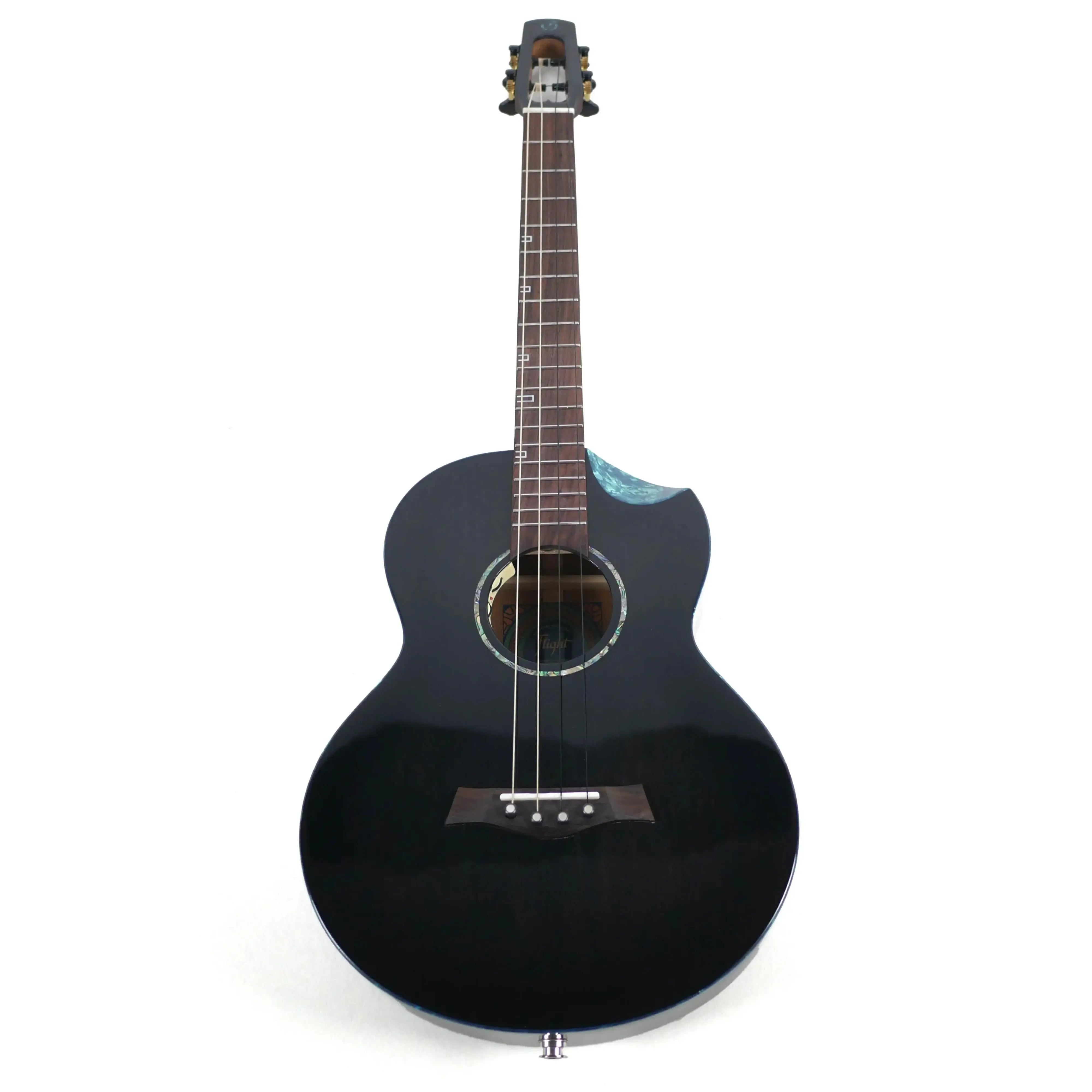 Flight Nighthawk EQ-A Baritone Ukulele with a black solid spruce top, blue binding, and scalloped cutaway.