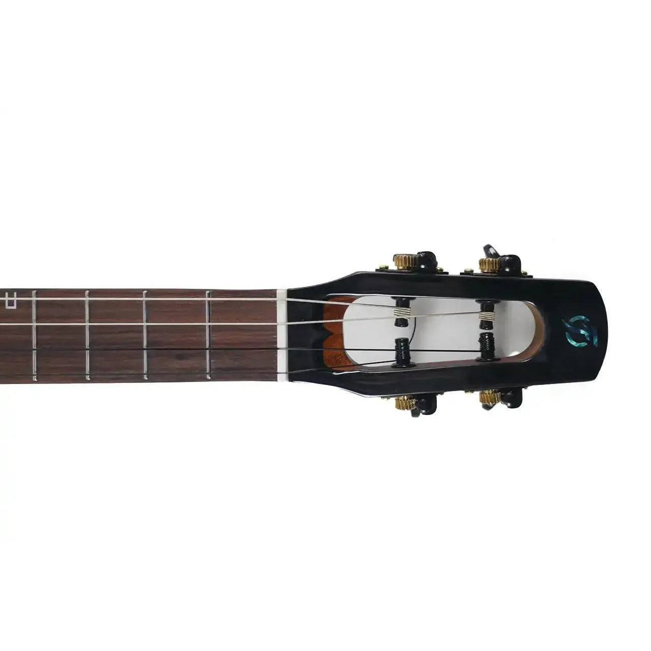 Flight Nighthawk EQ-A Baritone Ukulele headstock and neck, featuring black finish, gold tuners, and rosewood fretboard.