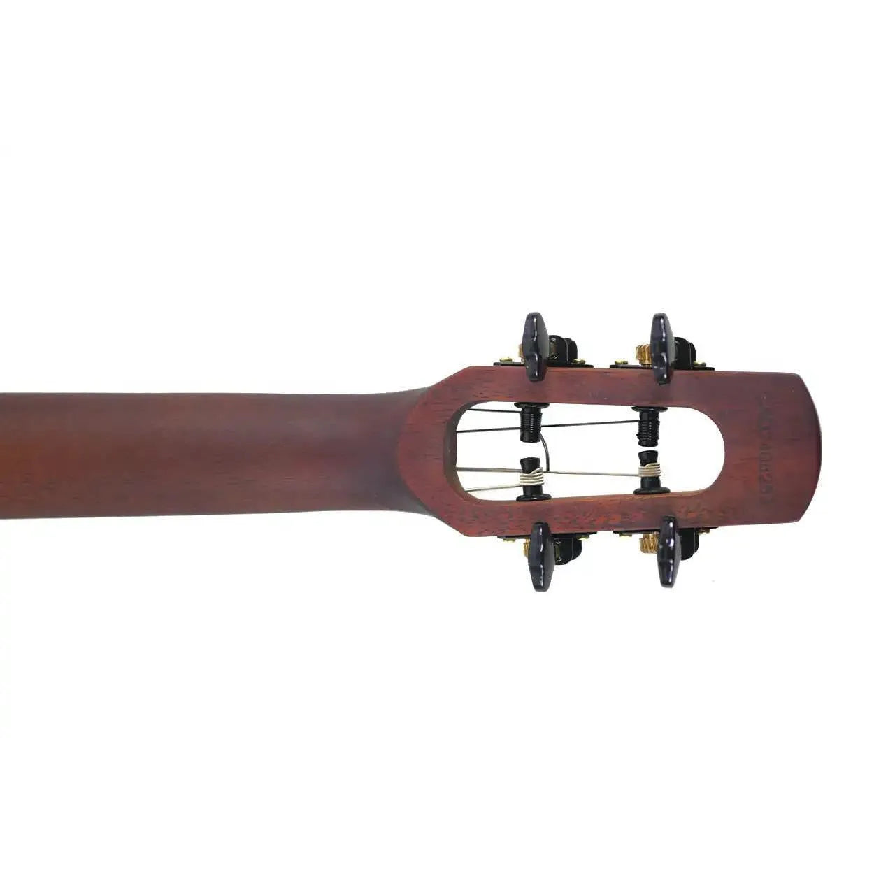 Flight Nighthawk EQ-A Baritone Ukulele headstock and neck, dark mahogany wood with black tuners.