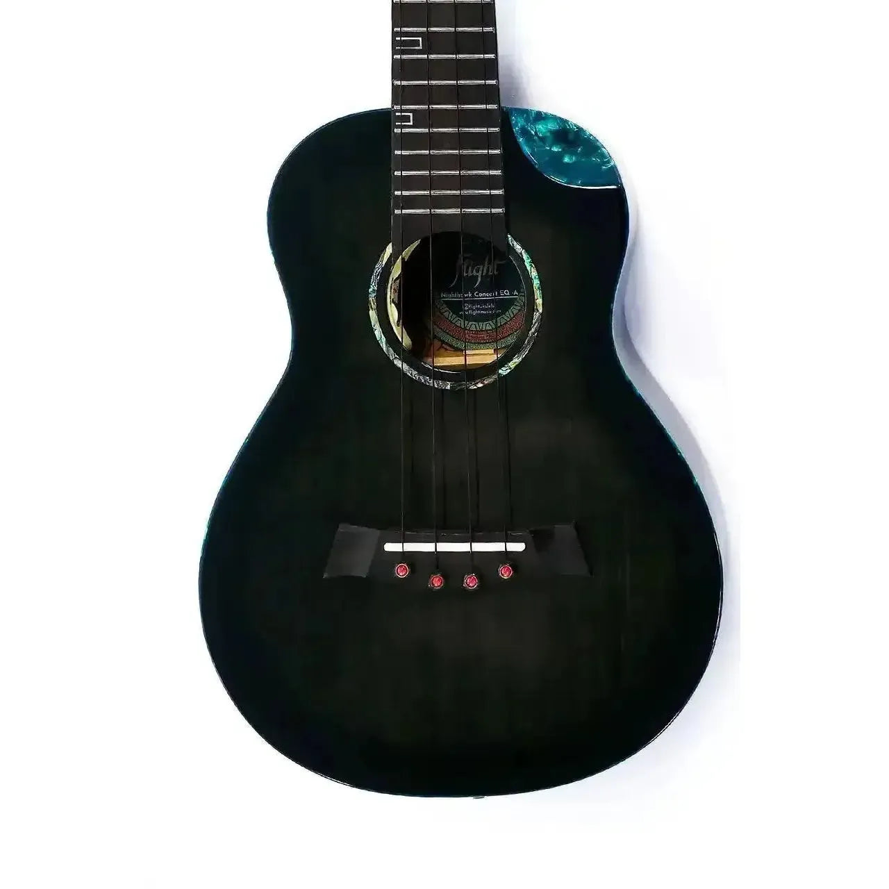 Flight Nighthawk EQ-A Concert Ukulele with Moonburst stain, blue binding, and pearloid rosette.