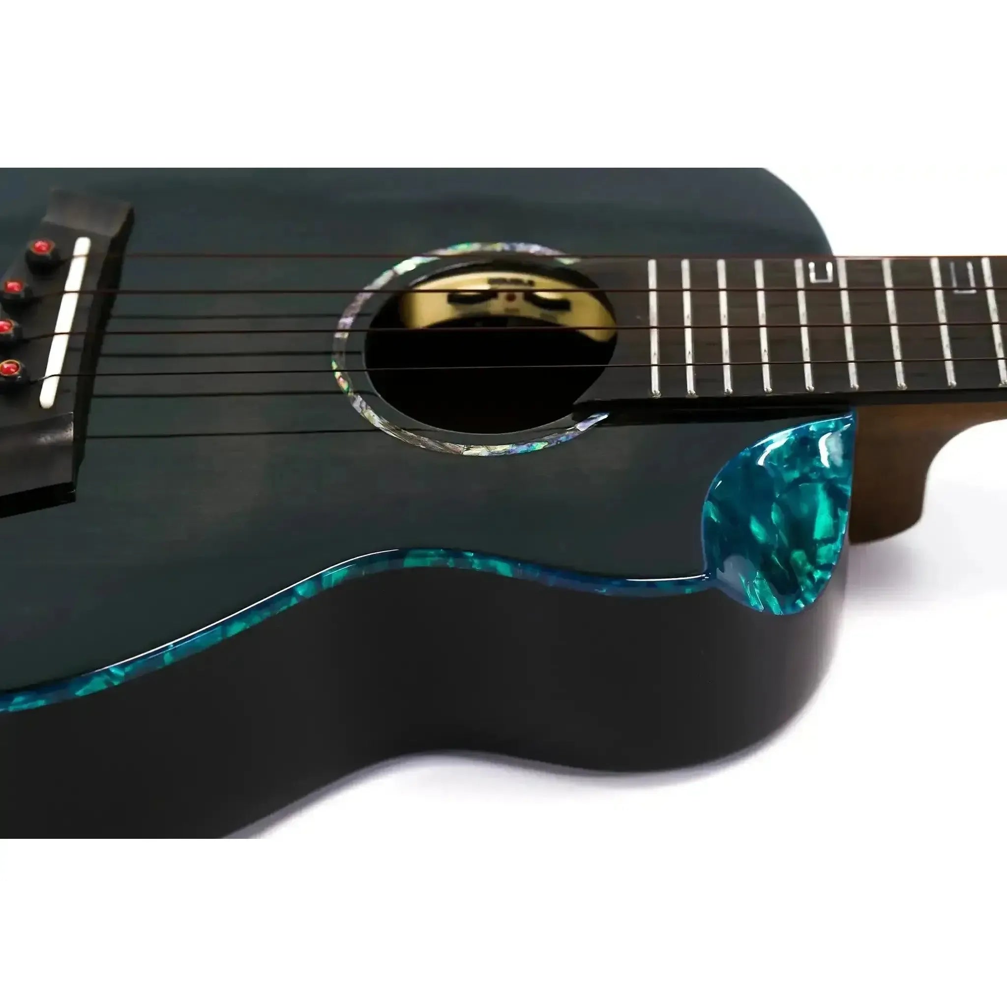 Flight Nighthawk EQ-A Concert Ukulele with Moonburst stain, blue binding, and pearloid rosette.