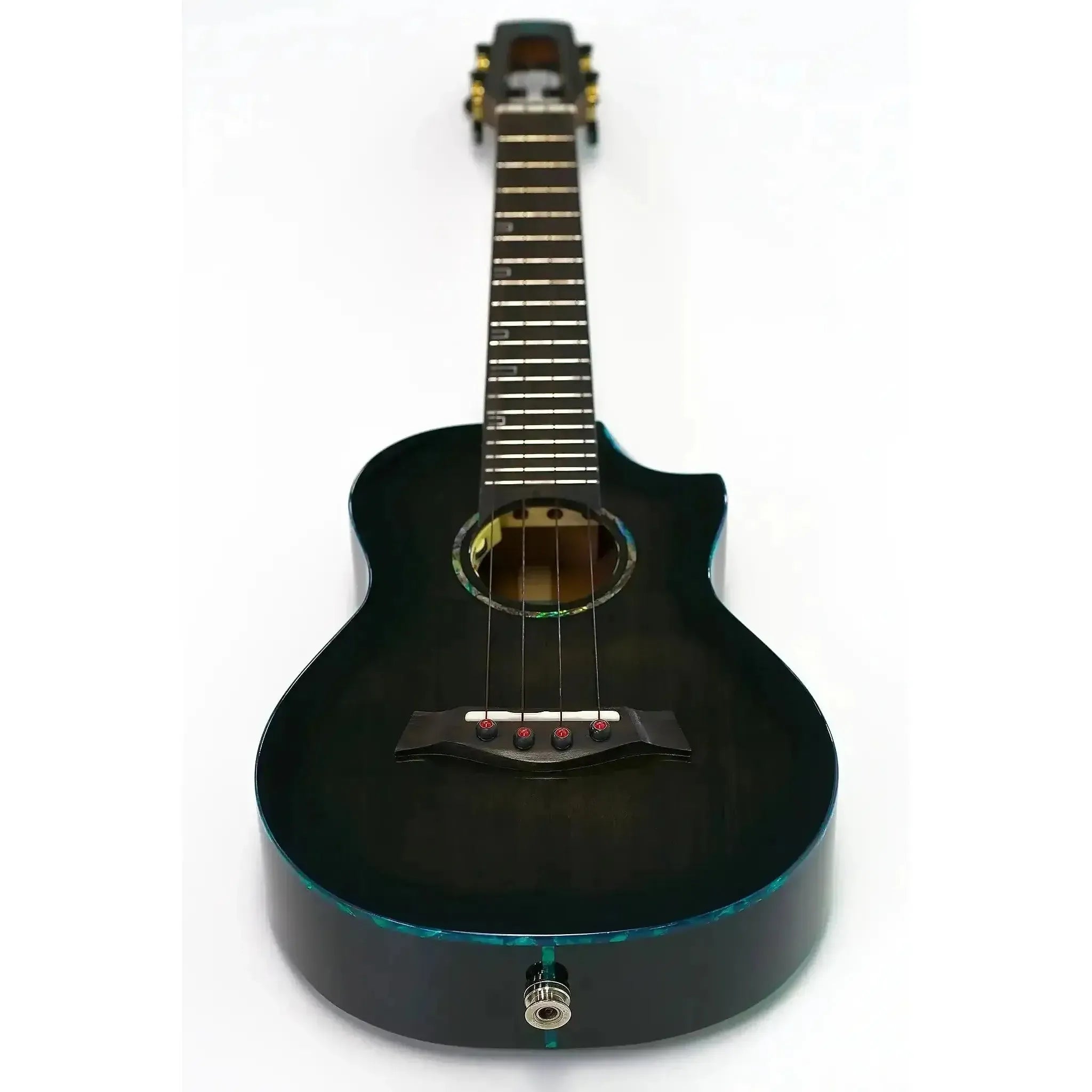 Flight Nighthawk EQ-A Concert Ukulele with Moonburst finish, blue binding, and pickup jack.