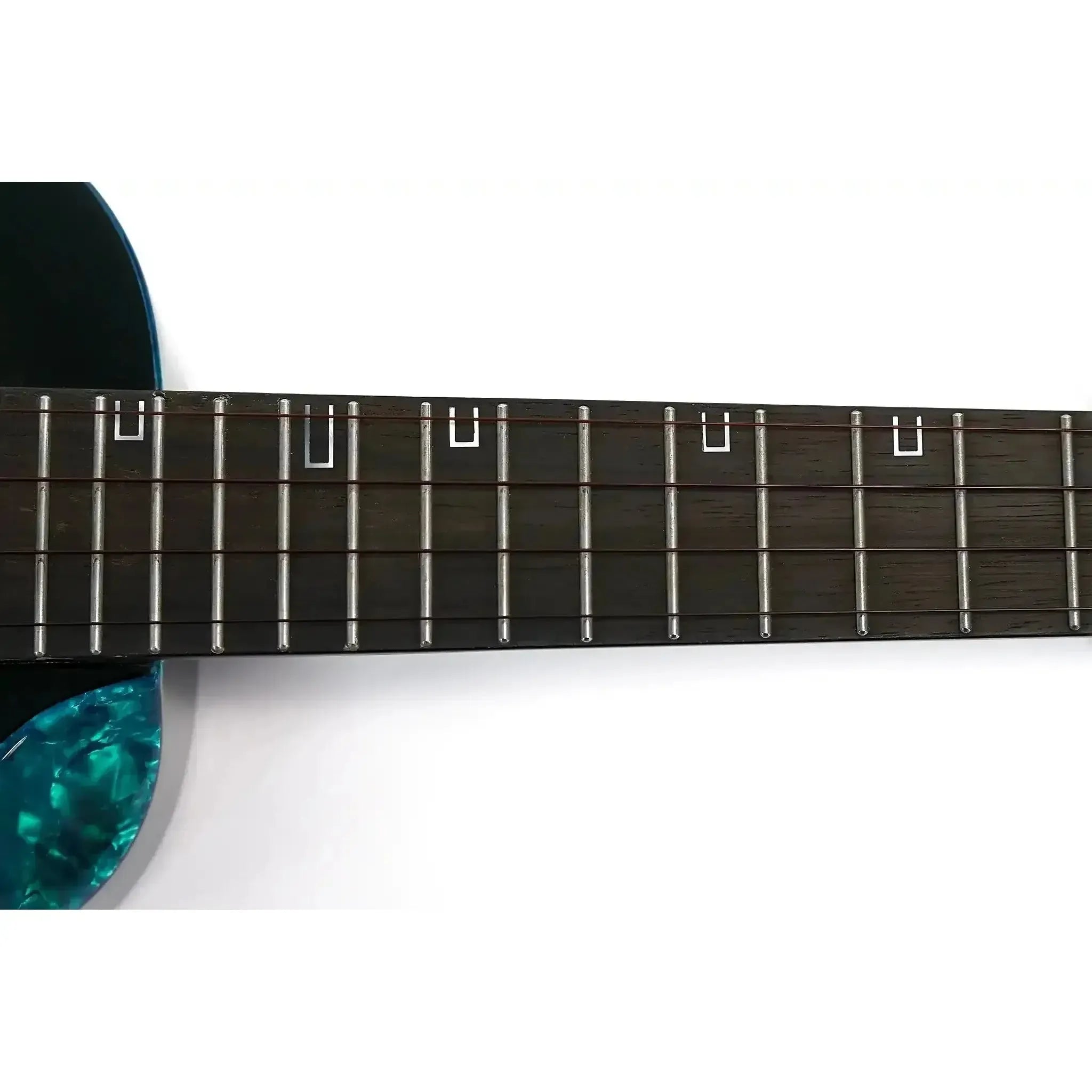Flight Nighthawk EQ-A Concert Ukulele fretboard with rosewood, silver frets, and unique U-shaped inlays.