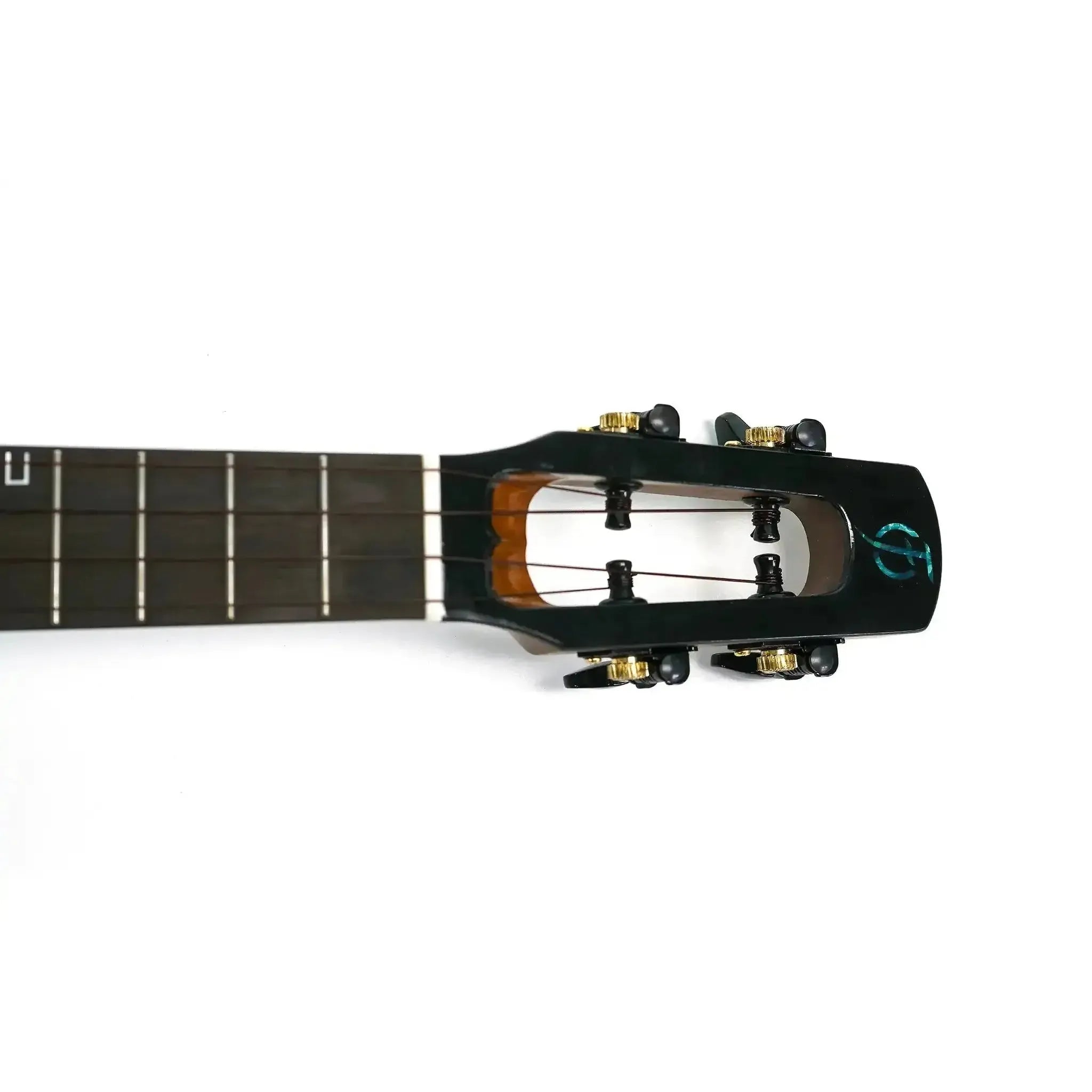 Flight Nighthawk EQ-A Concert Ukulele headstock and fretboard with Moonburst stain and blue binding.