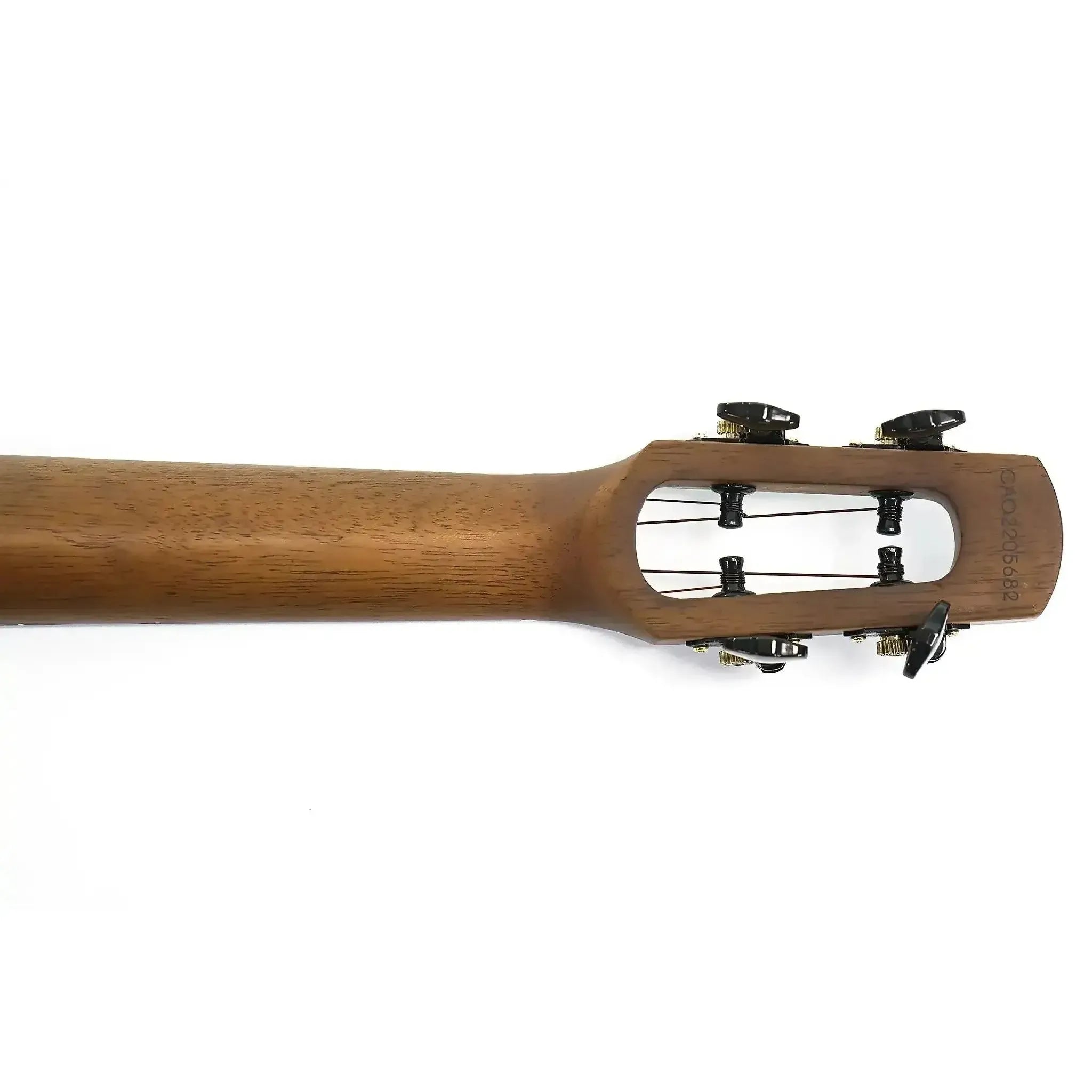 Flight Nighthawk EQ-A Concert Ukulele headstock and neck, showing the unique Moonburst stain and black tuners.