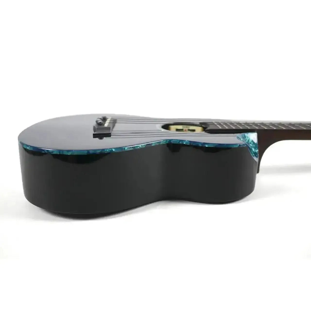 Flight Nighthawk EQ-A Tenor Ukulele, black with a moonburst finish and blue abalone binding.