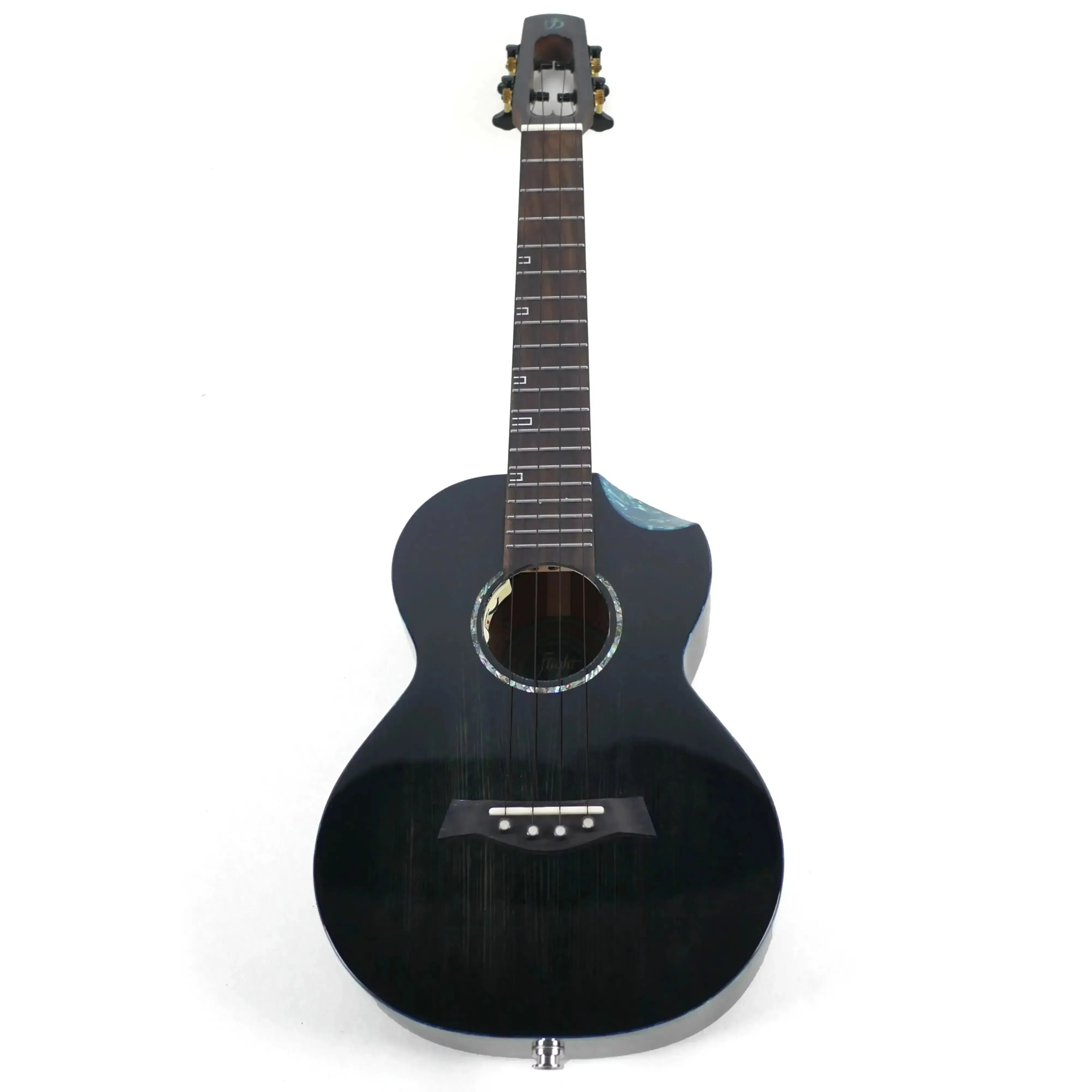 Flight Nighthawk EQ-A Tenor Ukulele with dark moonburst finish, scalloped cutaway, and spruce top.