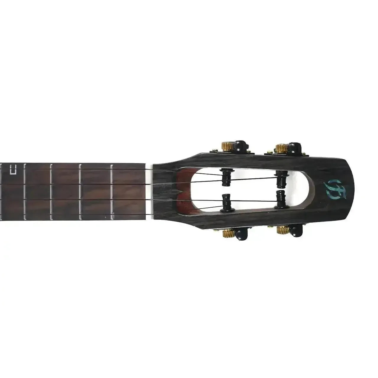 Flight Nighthawk EQ-A Tenor Ukulele headstock with dark wood, gold tuners, and green inlay.