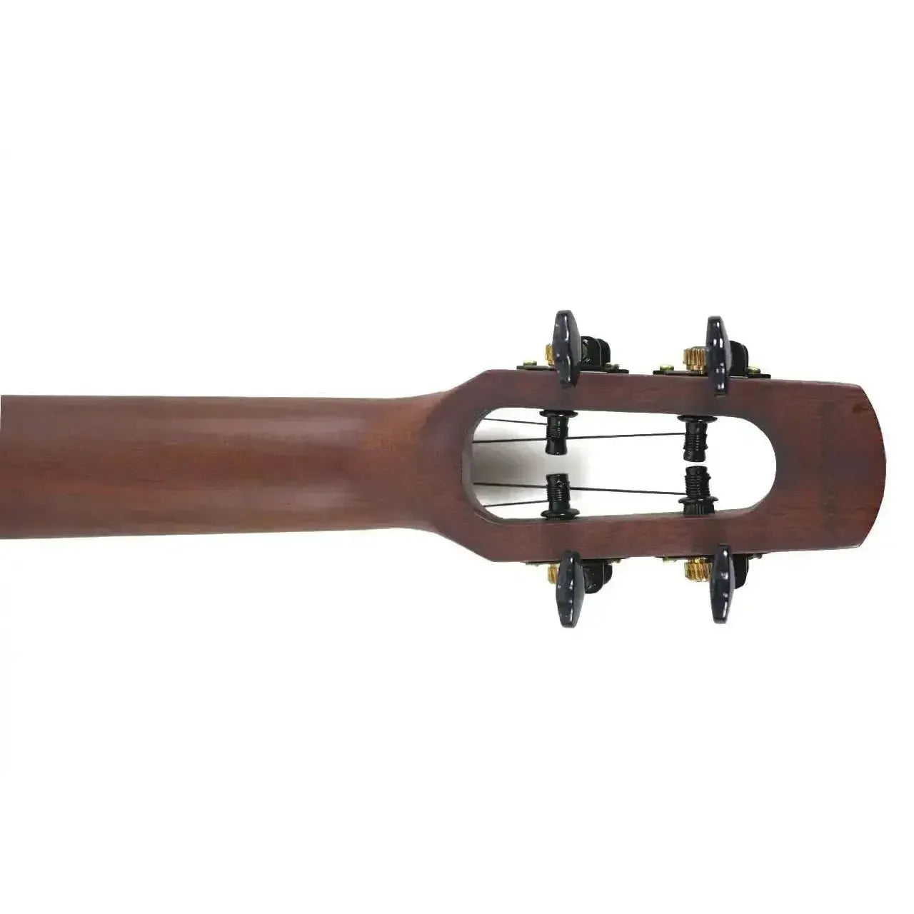 Flight Nighthawk EQ-A Tenor Ukulele headstock with dark wood, black tuners, and strings.