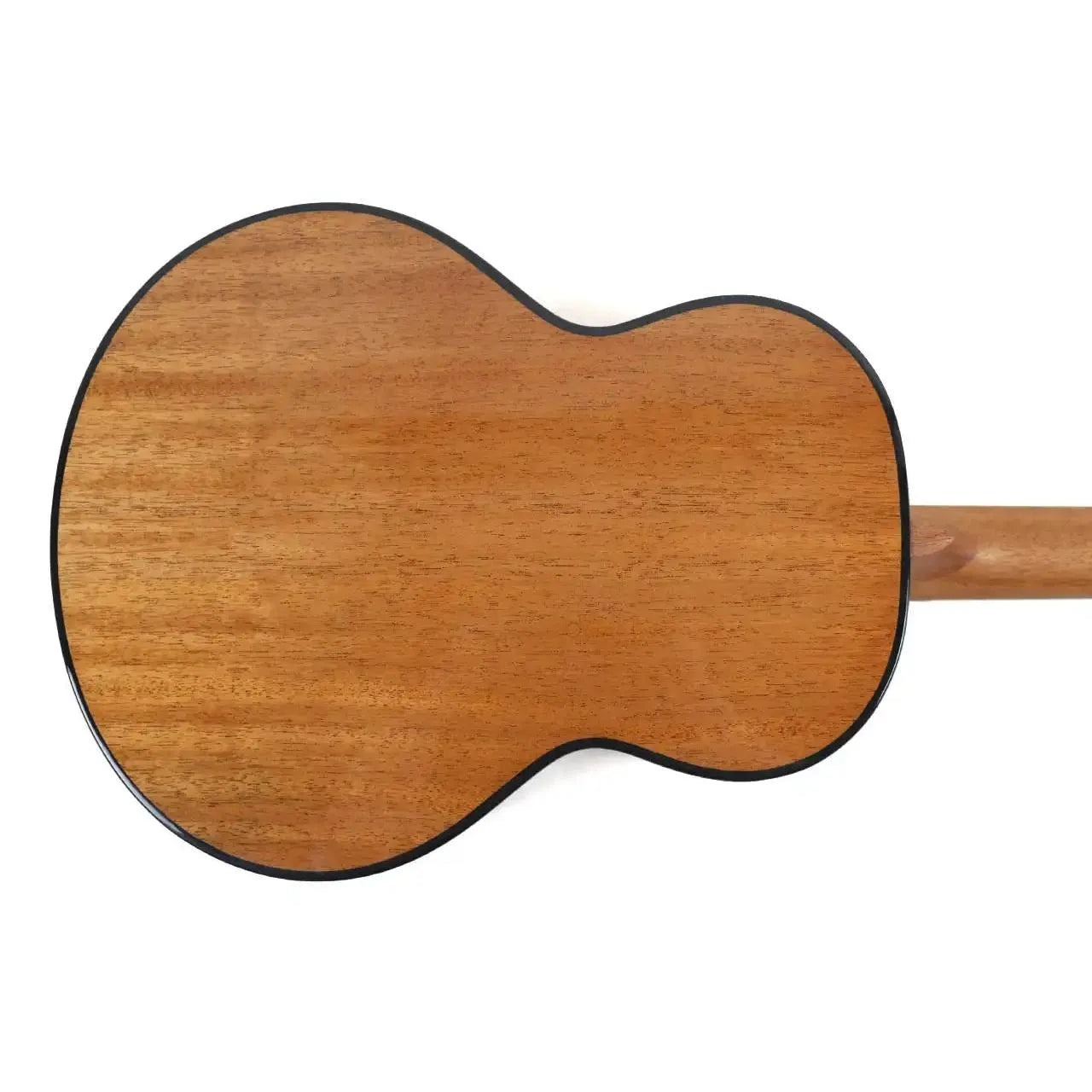 Back of a Flight Nomad Solid Mahogany Baritone Ukulele with a glossy finish and black binding.