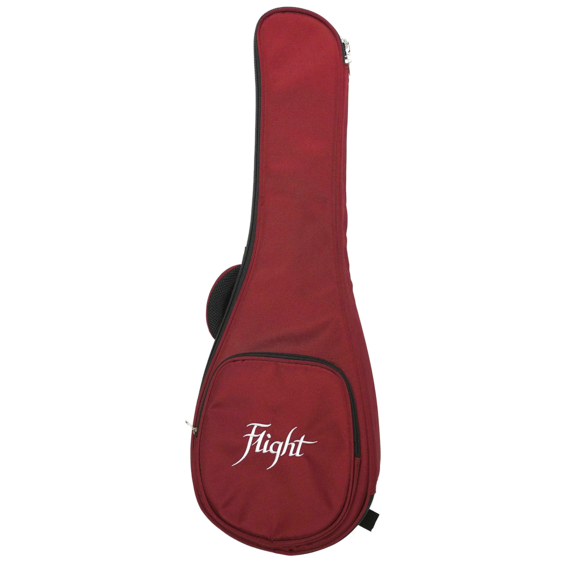 Flight Nomad baritone ukulele gig bag in dark red with white "Flight" logo.