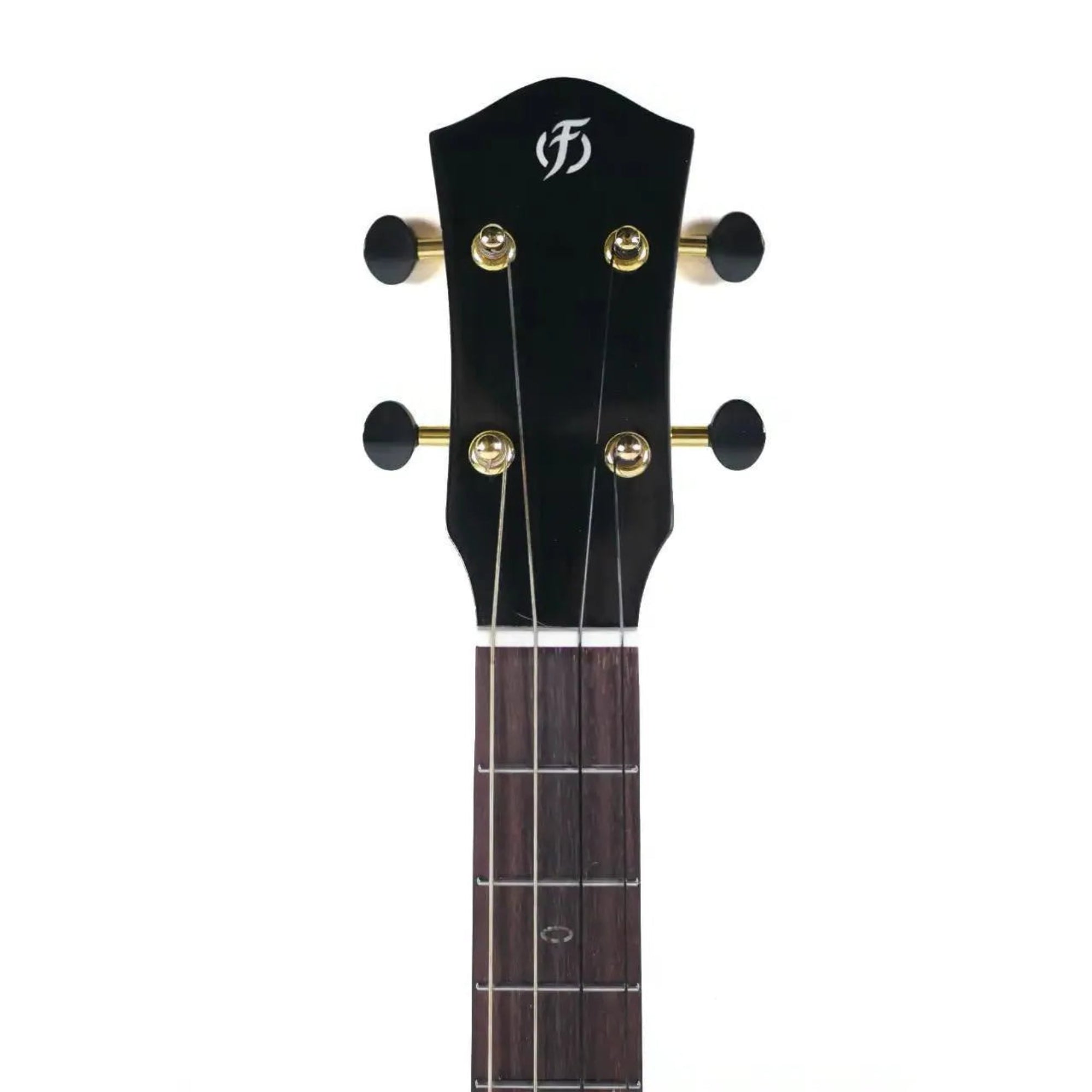 Flight Nomad Baritone Ukulele headstock with black finish, gold tuners, and white logo.