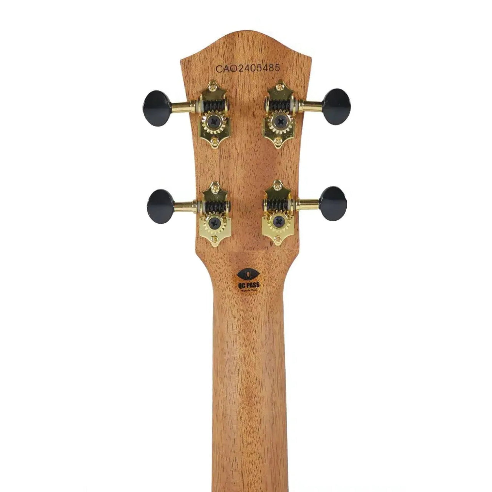 Flight Nomad Baritone Ukulele headstock with mahogany wood, gold open-geared tuners, and black knobs.