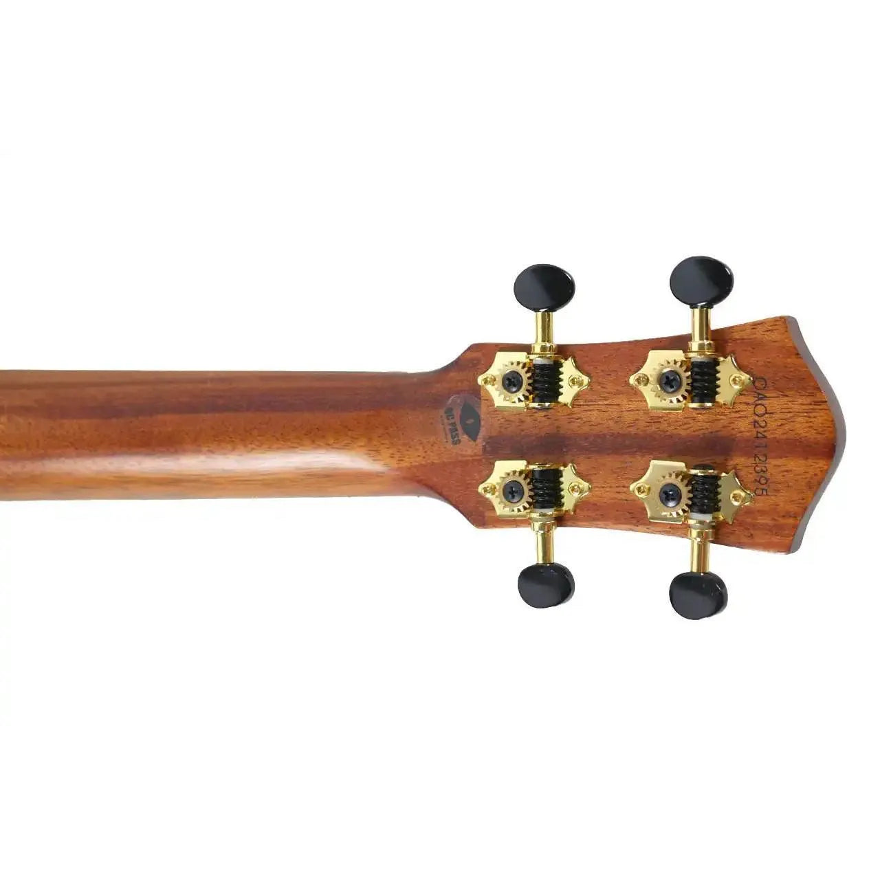 Flight Nomad Tenor Ukulele headstock with solid mahogany, gold tuners, and black knobs.