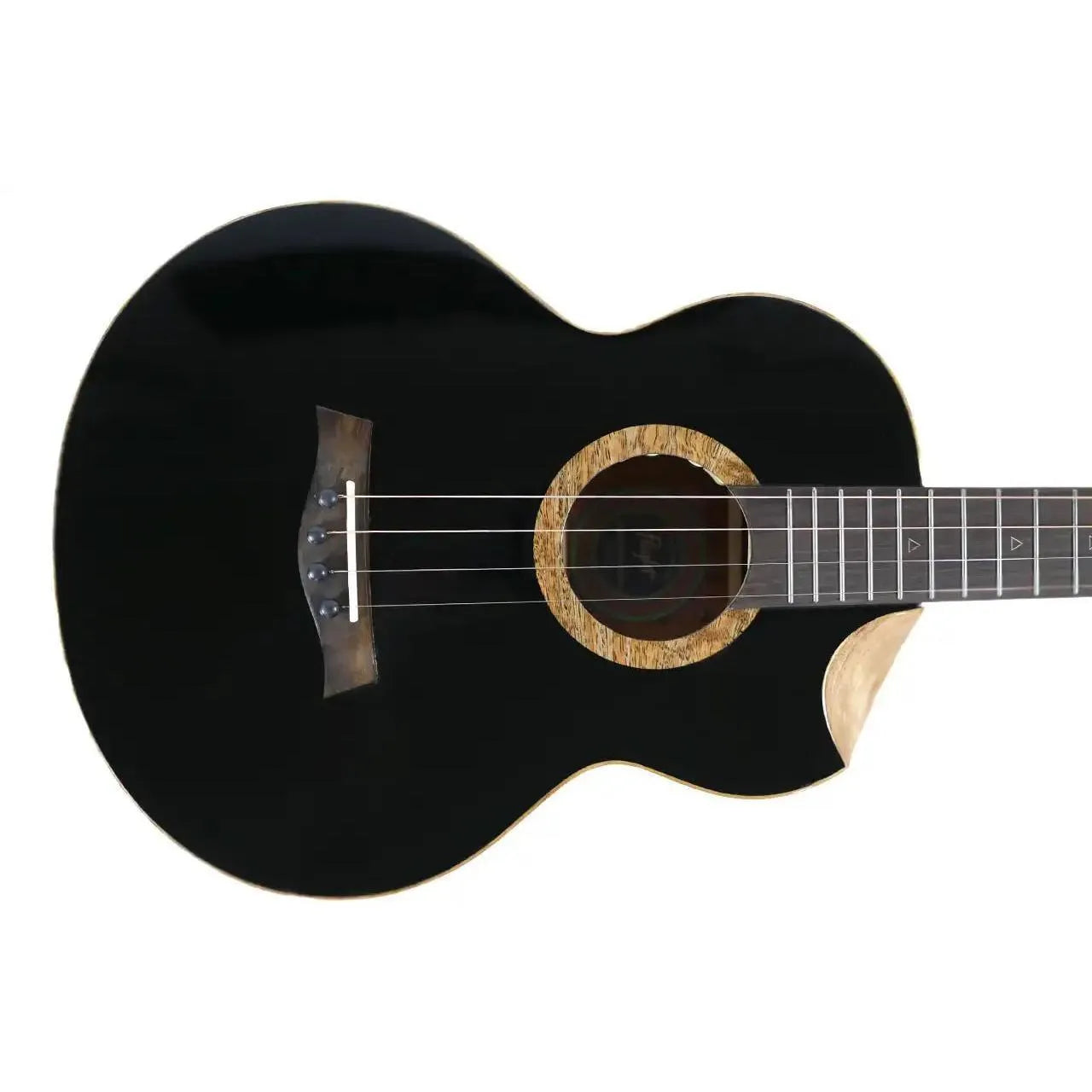 Flight Nora EQ-A Baritone Ukulele, black solid Sitka spruce top, mango binding, and wood rosette.