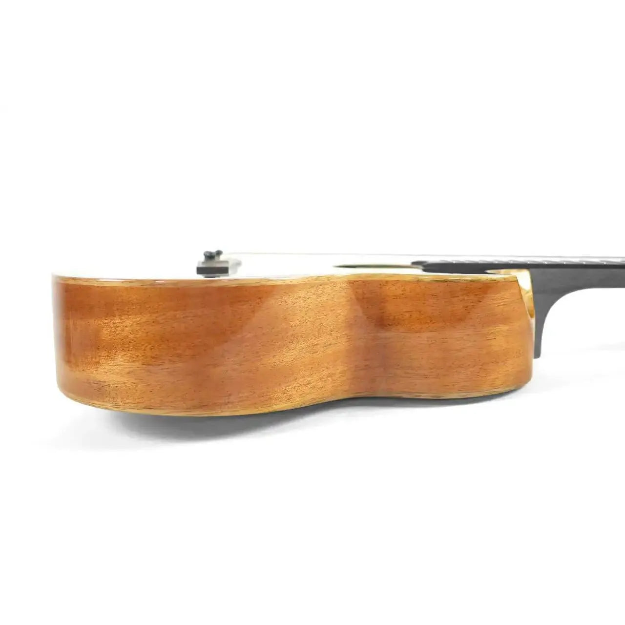 Flight Nora EQ-A Baritone Ukulele, side view showing the warm mahogany back and sides.