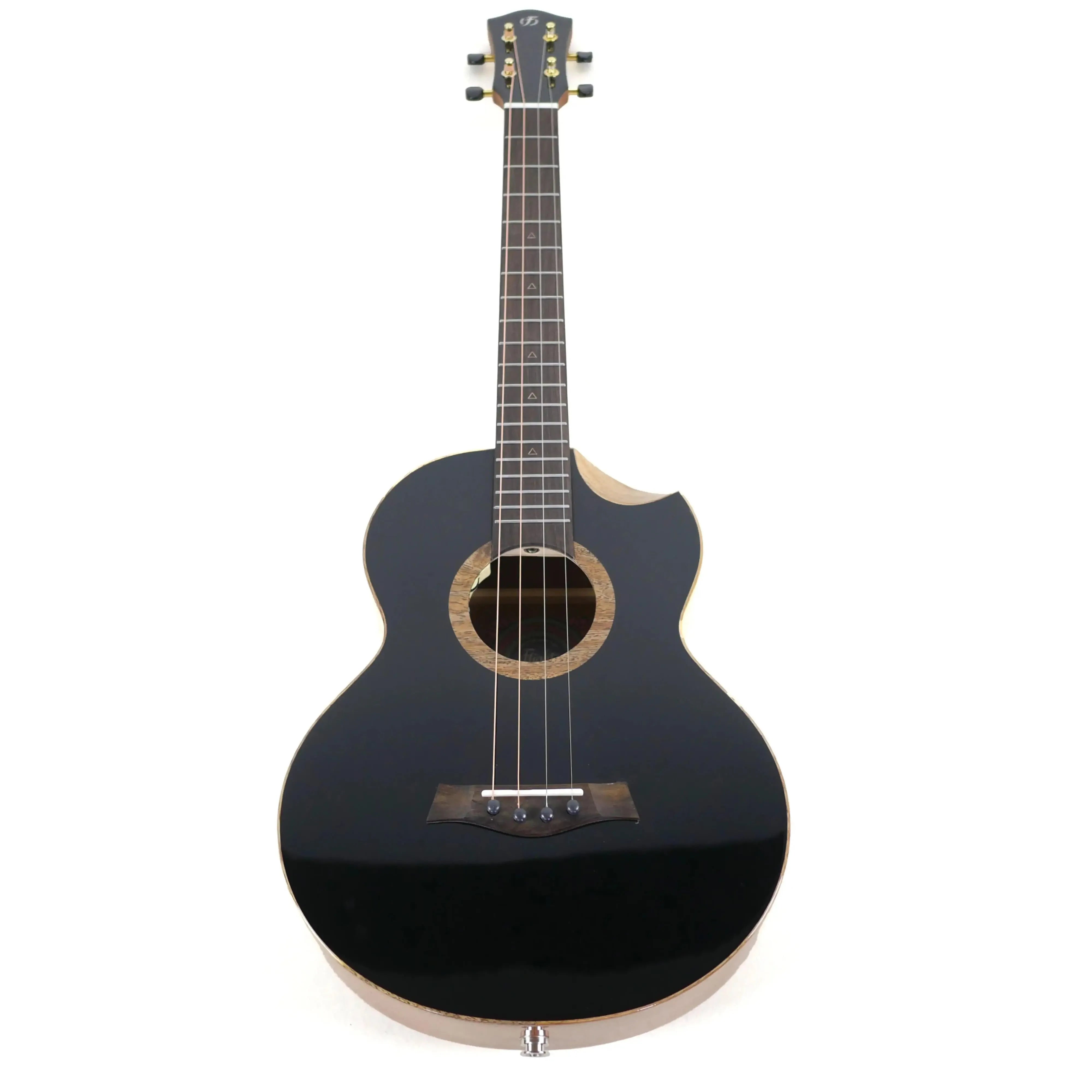 Flight Nora EQ-A Baritone Ukulele, black solid Sitka spruce top, mahogany back, gold tuners, rosewood fretboard.
