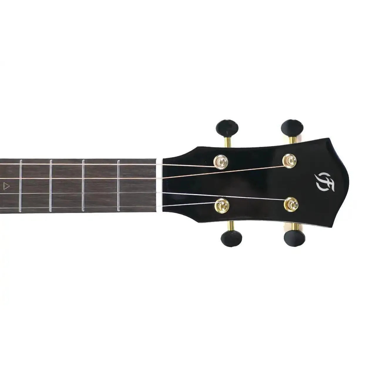 Flight Nora EQ-A Baritone Ukulele headstock with black finish, gold tuners, and white Flight logo.