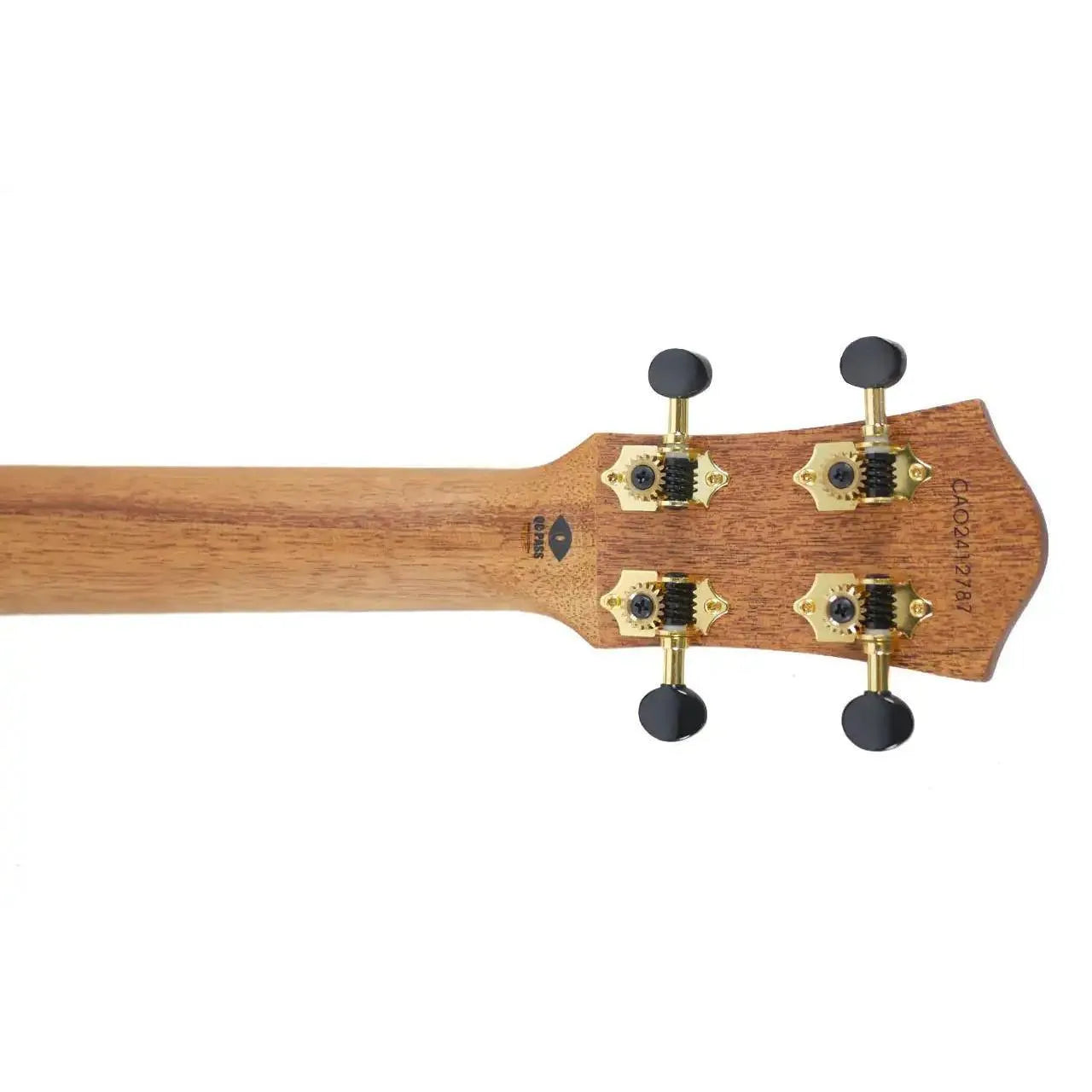 Flight Nora EQ-A Baritone Ukulele headstock with gold tuners and mahogany wood grain.