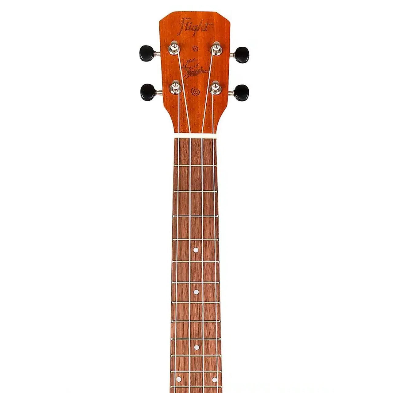 Flight NUT310 African Sapele Tenor Ukulele neck and headstock with walnut fretboard and black tuners.